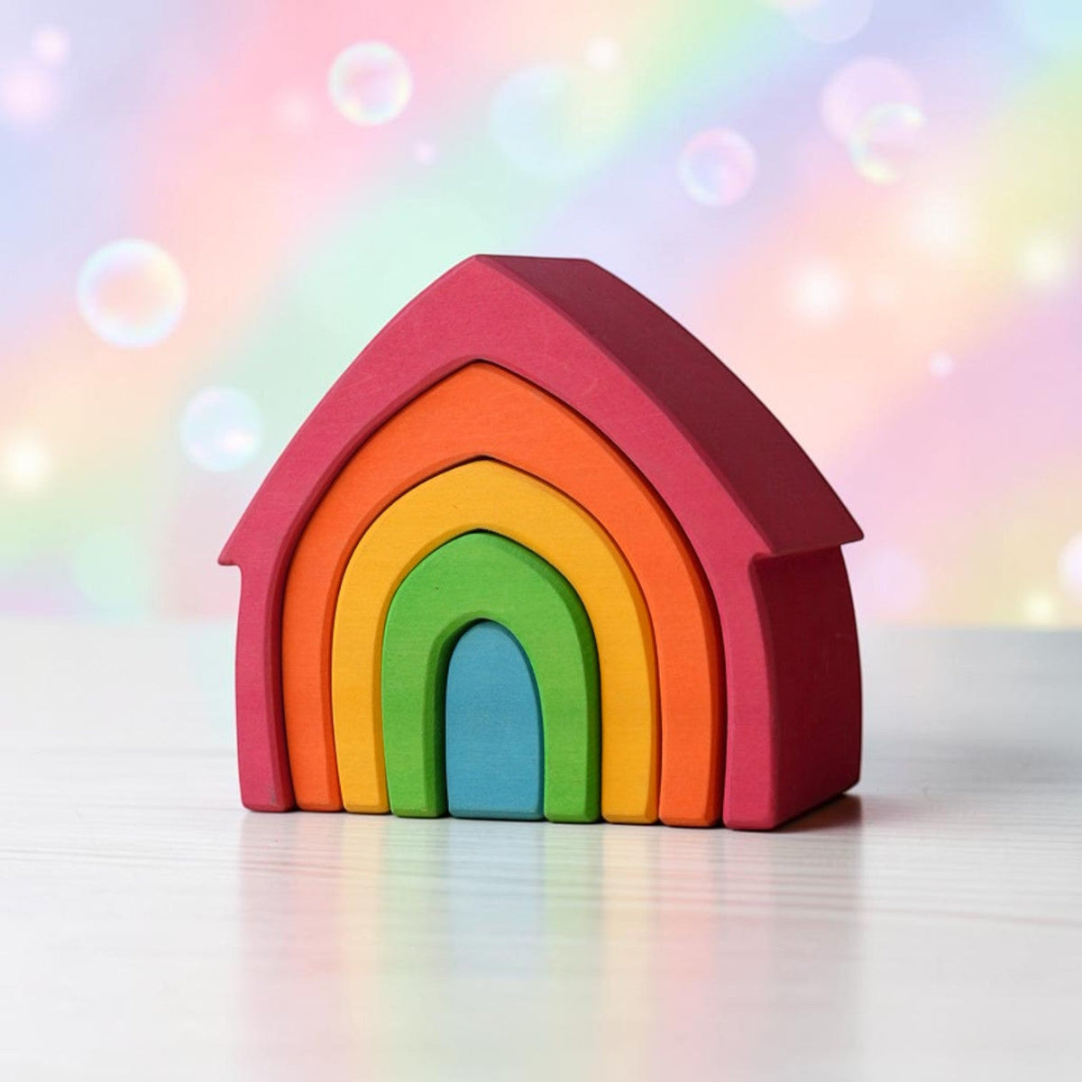 **Pre-order (Ships in 2-3 Weeks)** 5-Piece Rainbow House Stacker – Primary (Stained)