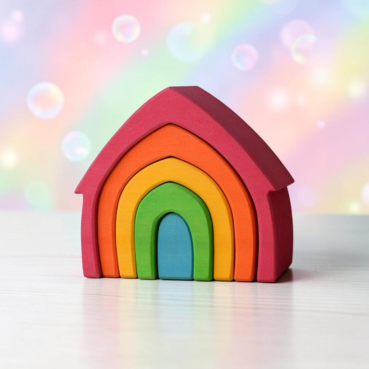 **Pre-order (Ships in 2-3 Weeks)** 5-Piece Rainbow House Stacker – Primary (Stained)