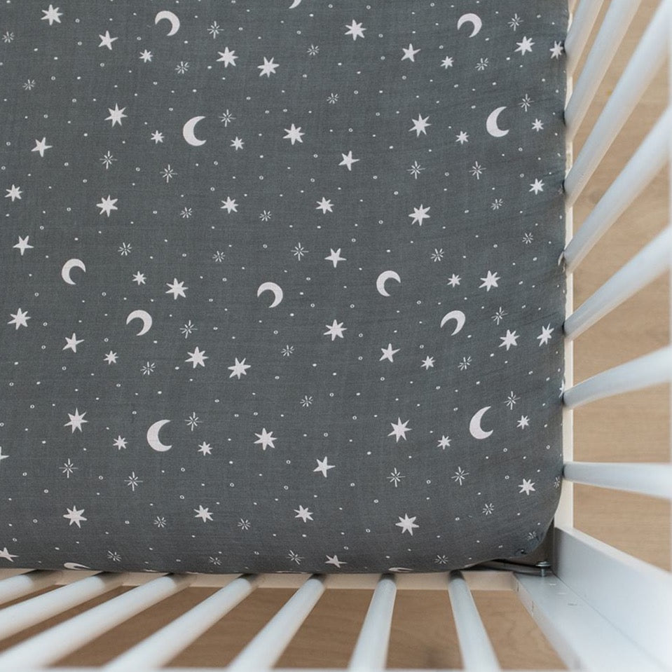 Night Sky Muslin Crib Sheet  Mebie Baby