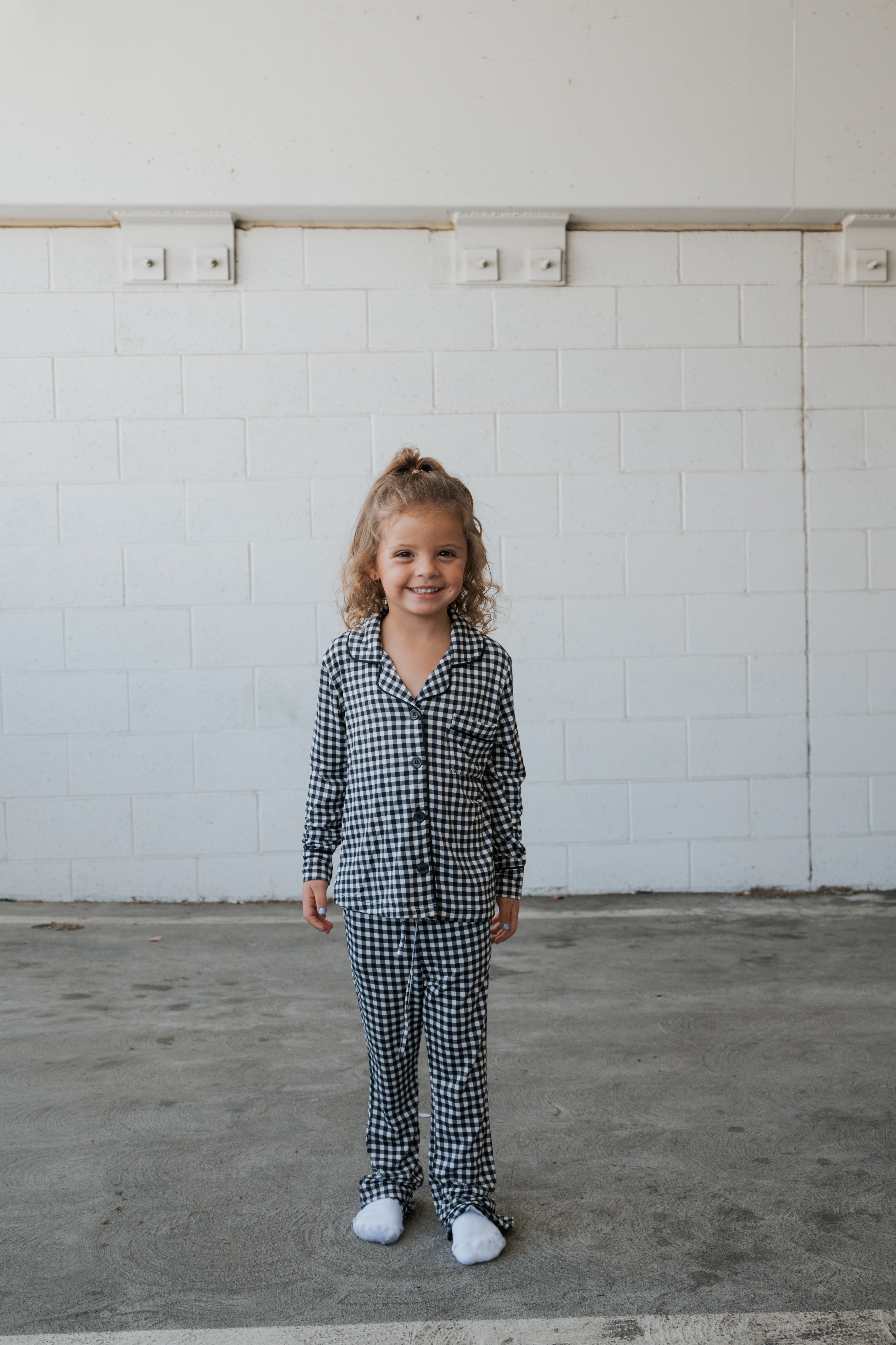 Girl's Bamboo Button Up Lounge Set | Black Gingham