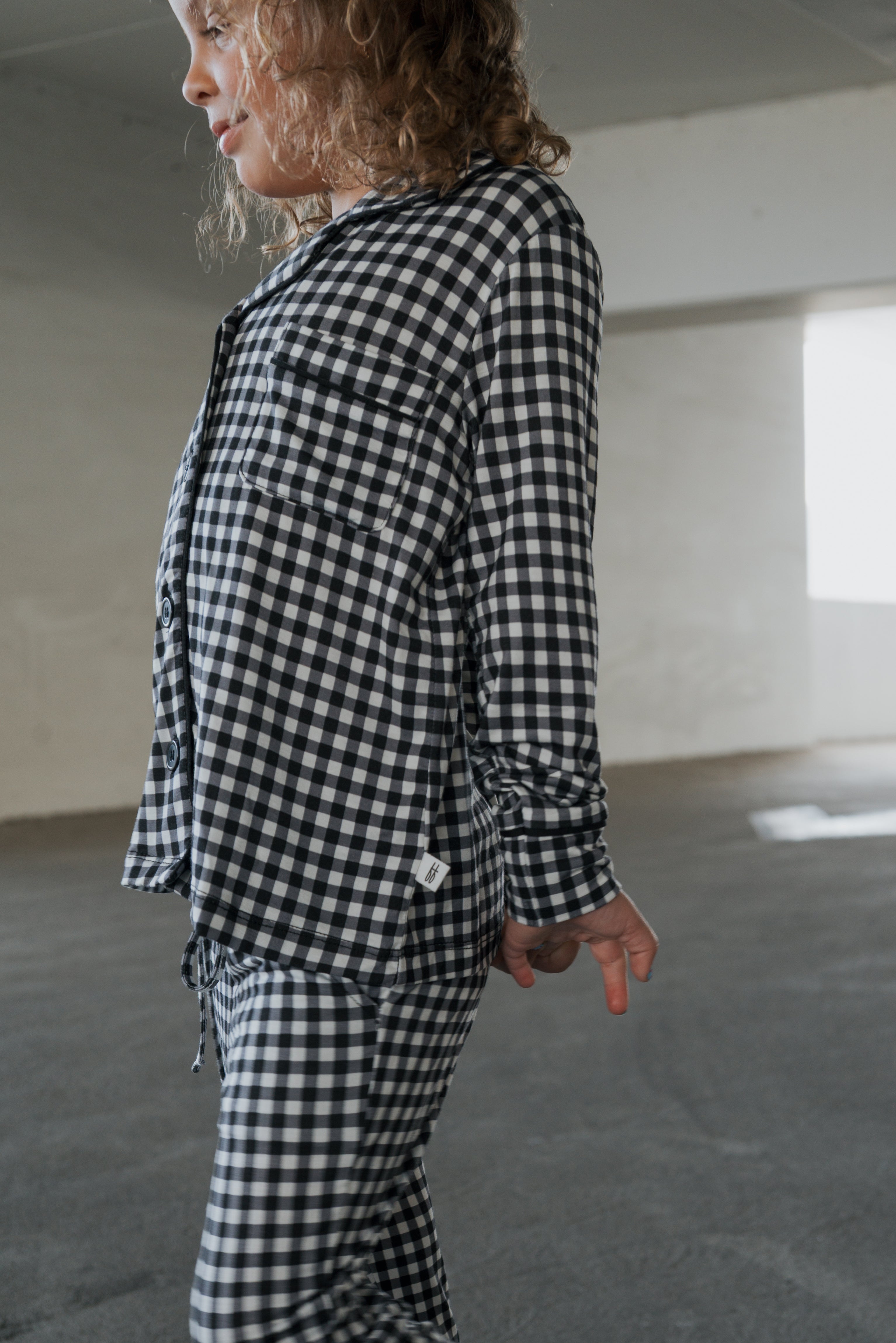 Girl's Bamboo Button Up Lounge Set | Black Gingham