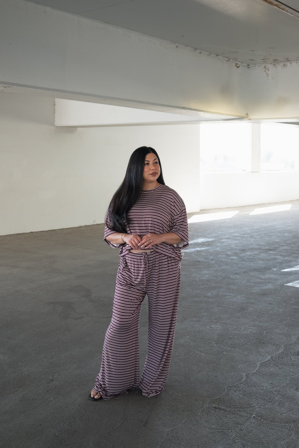 Women's Bamboo Crop Tee Lounge Set | Maroon Stripe
