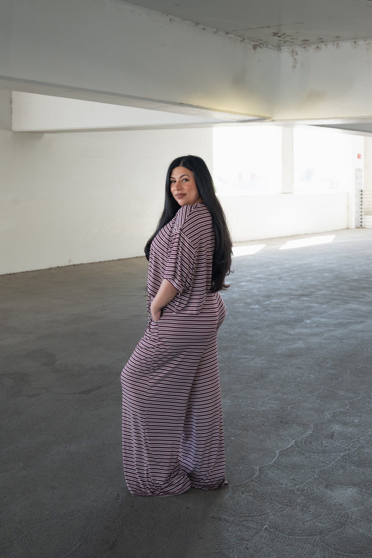 Women's Bamboo Crop Tee Lounge Set | Maroon Stripe
