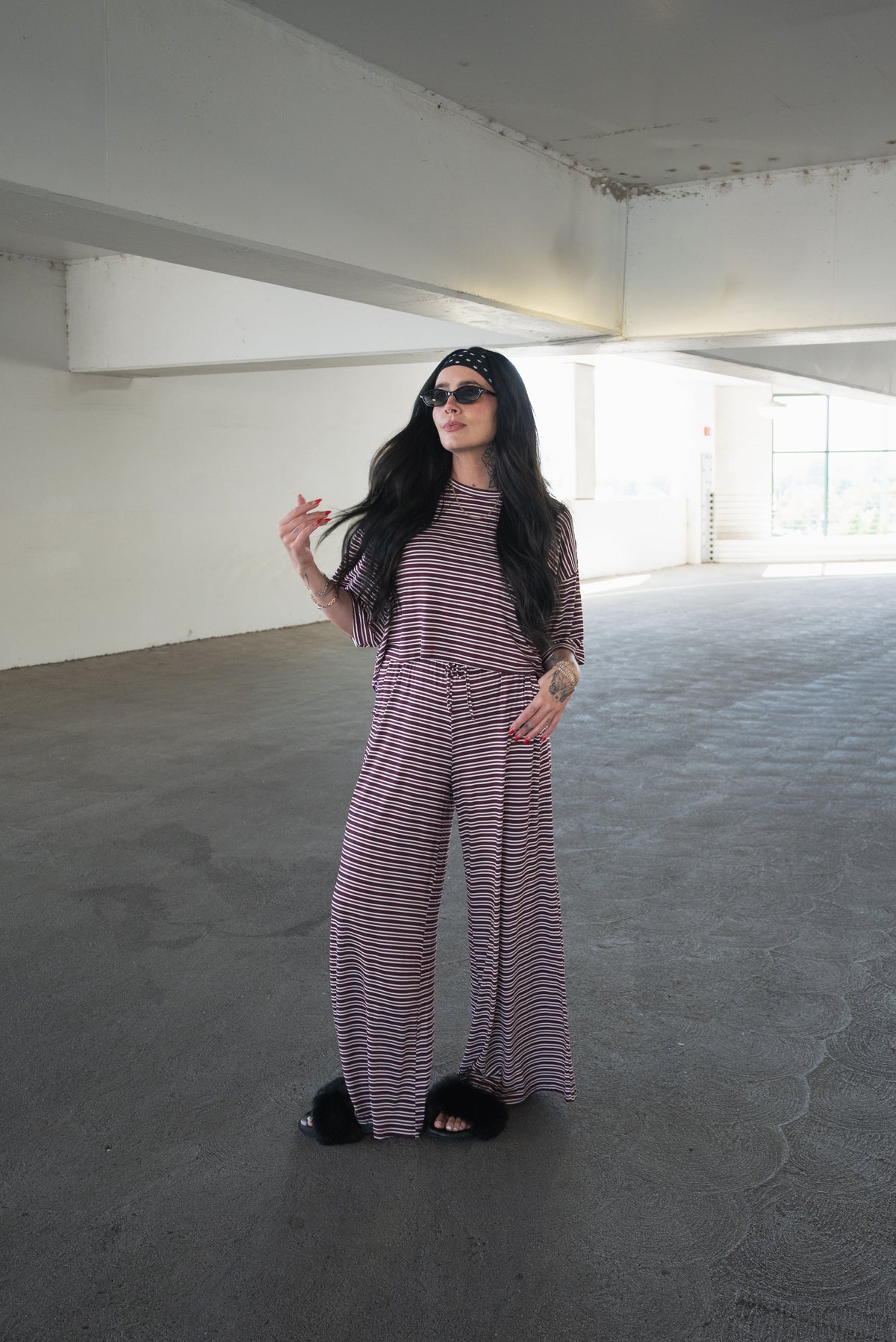 Women's Bamboo Crop Tee Lounge Set | Maroon Stripe