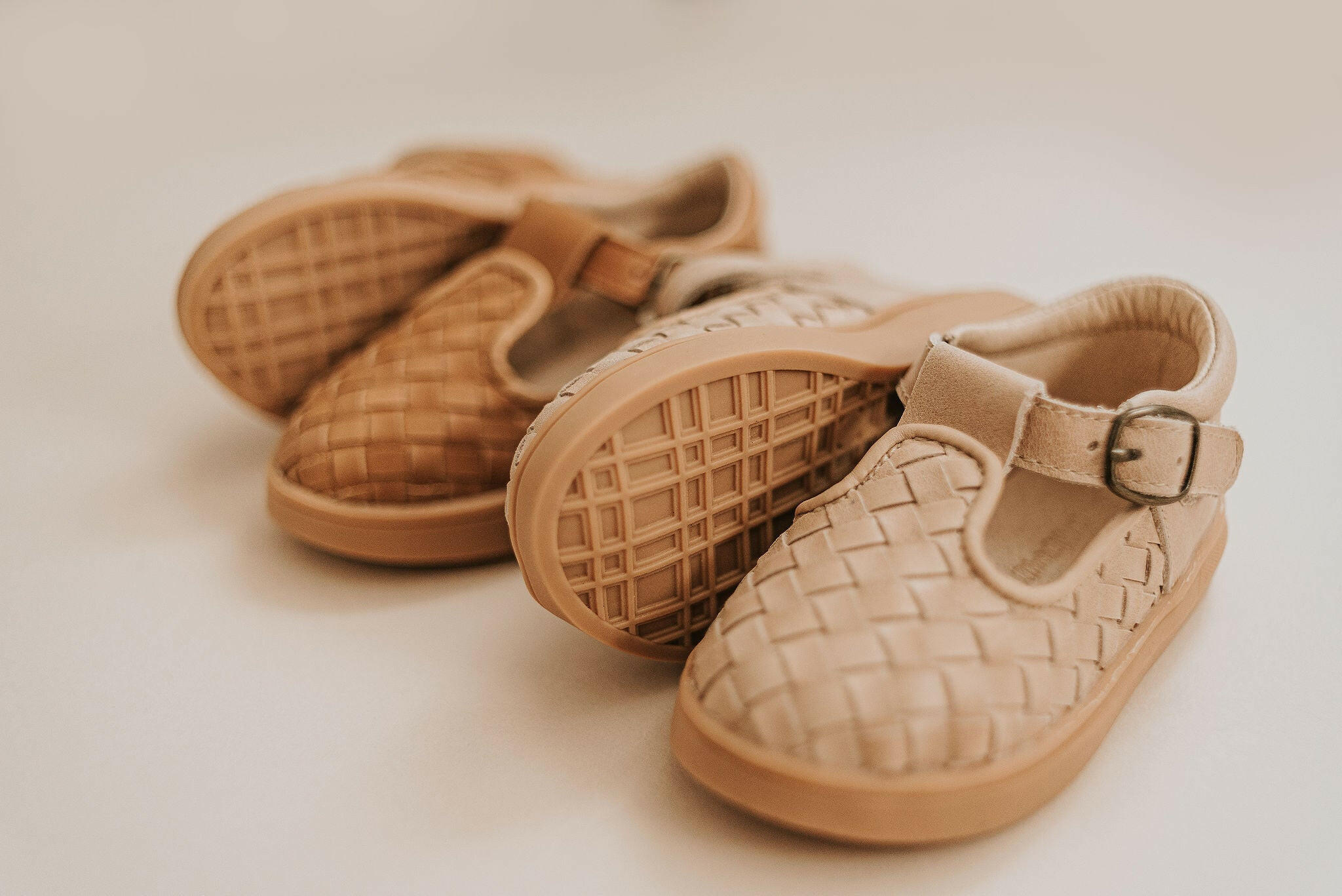 Leather Woven T-Bar | Color 'Stone' | Hard Sole Consciously Baby