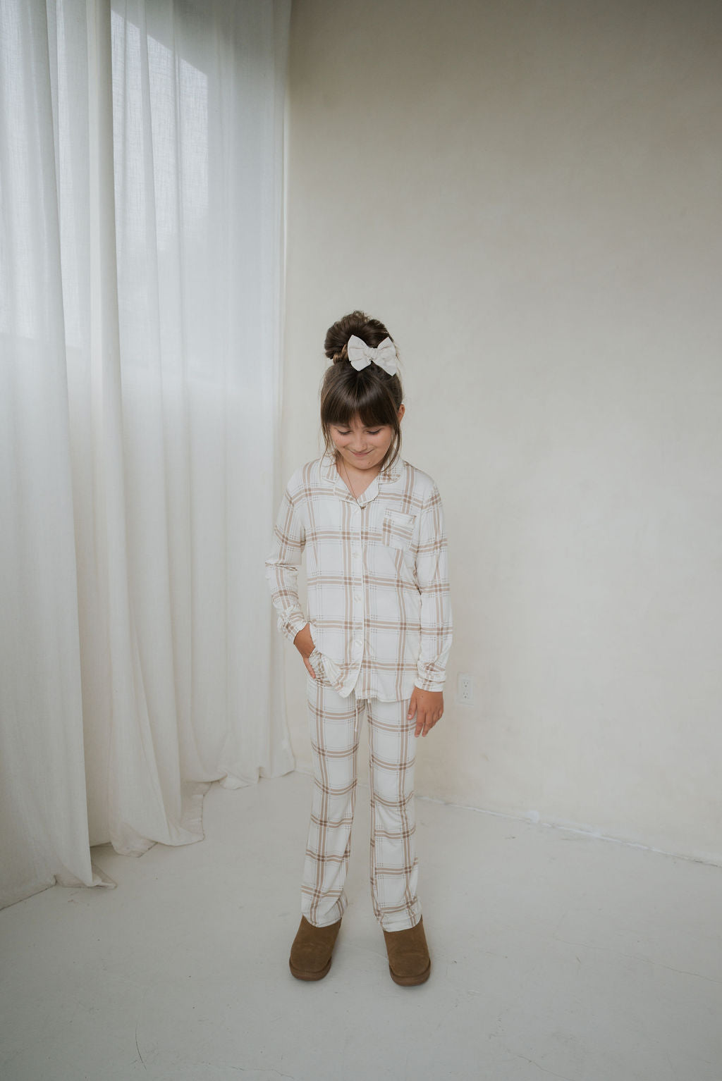 Girl's Bamboo Button Up Lounge Set | Ellis Plaid