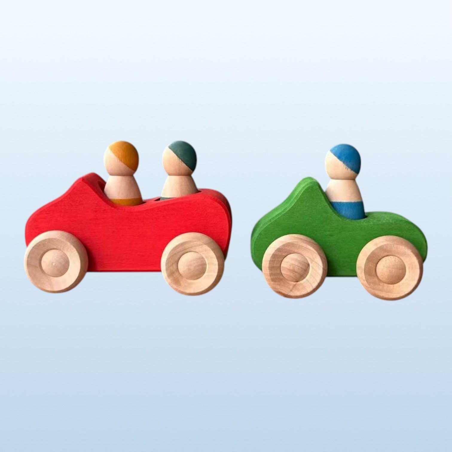 **Pre-order (Ships in 2-3 Weeks)**7-Piece Wooden Rainbow Cars Set with 3 Peg Dolls | Stained Basswood or Painted Beechwood