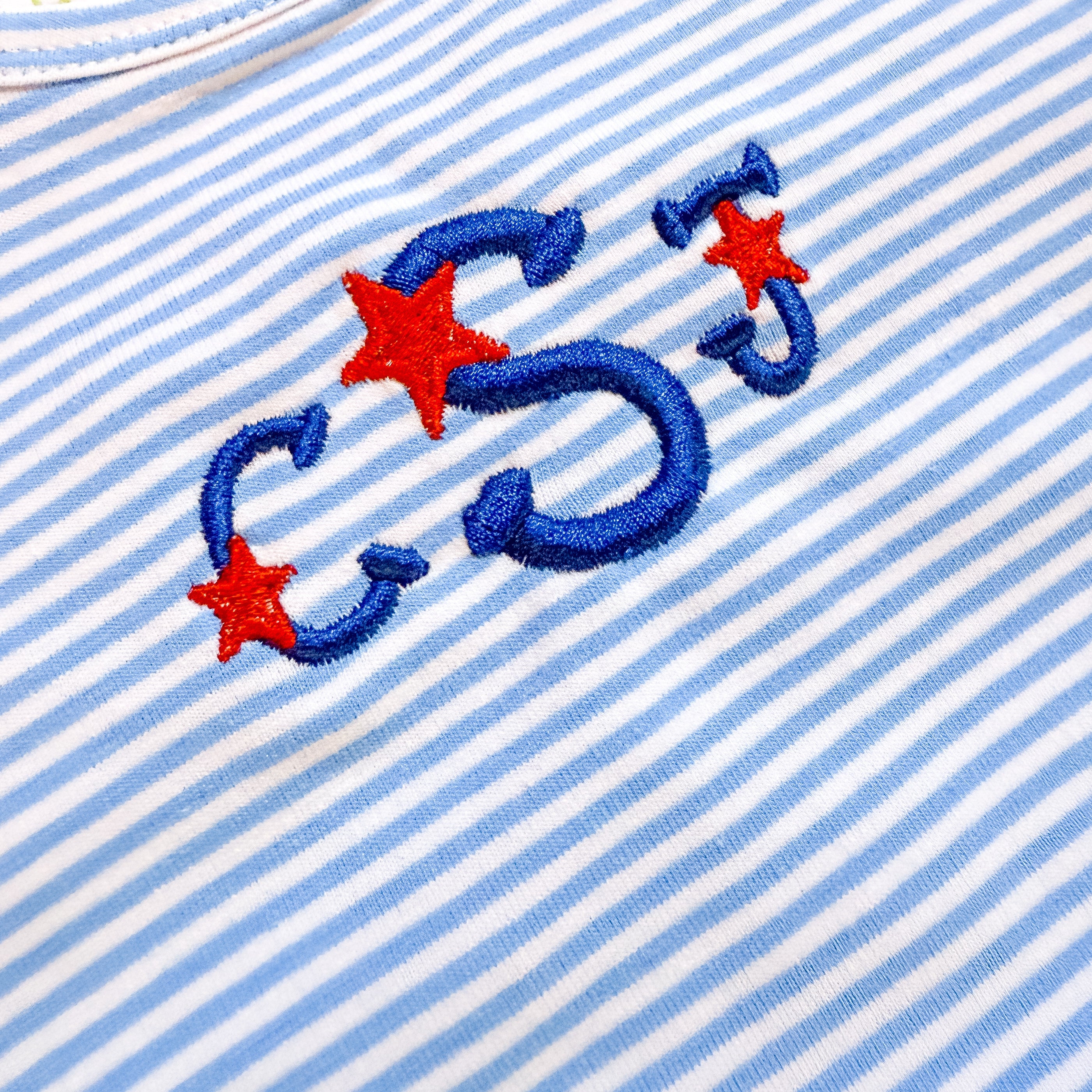Custom Embroidered Blue Striped Seersucker Sunsuit