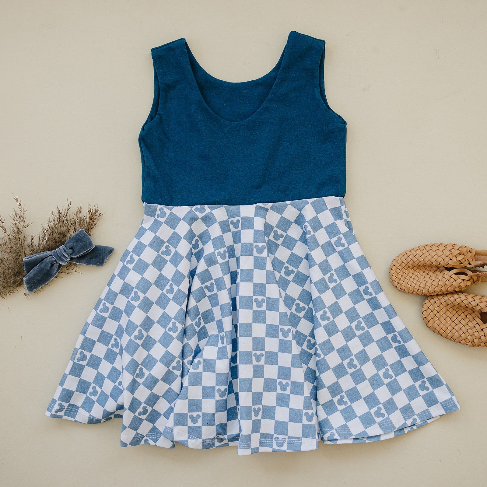 Blue Mouse Check Twirl Dress (Peacock Bodice) Dress doodle & jack