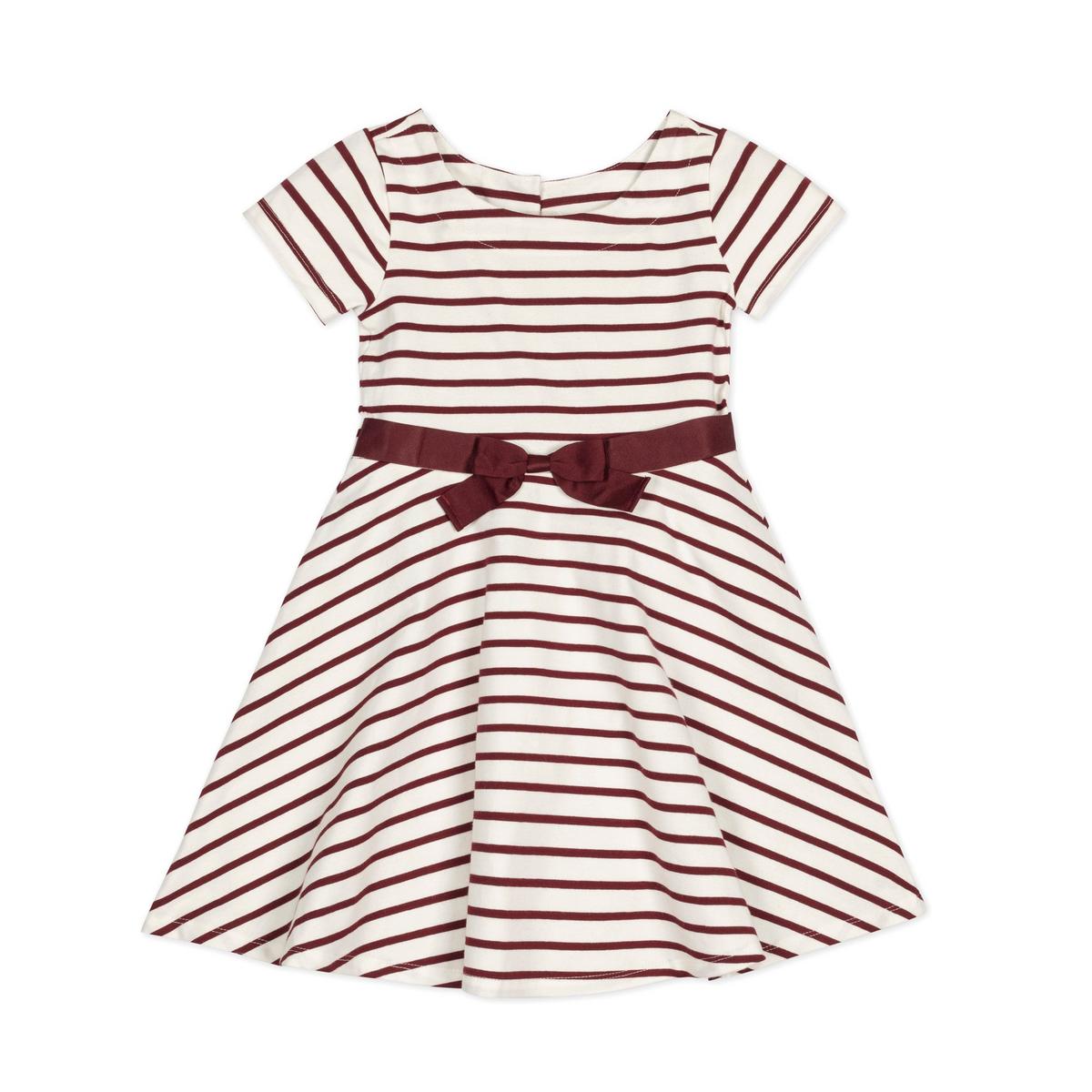 Organic Short Sleeve Skater Dress - White and Oxblood Stripe