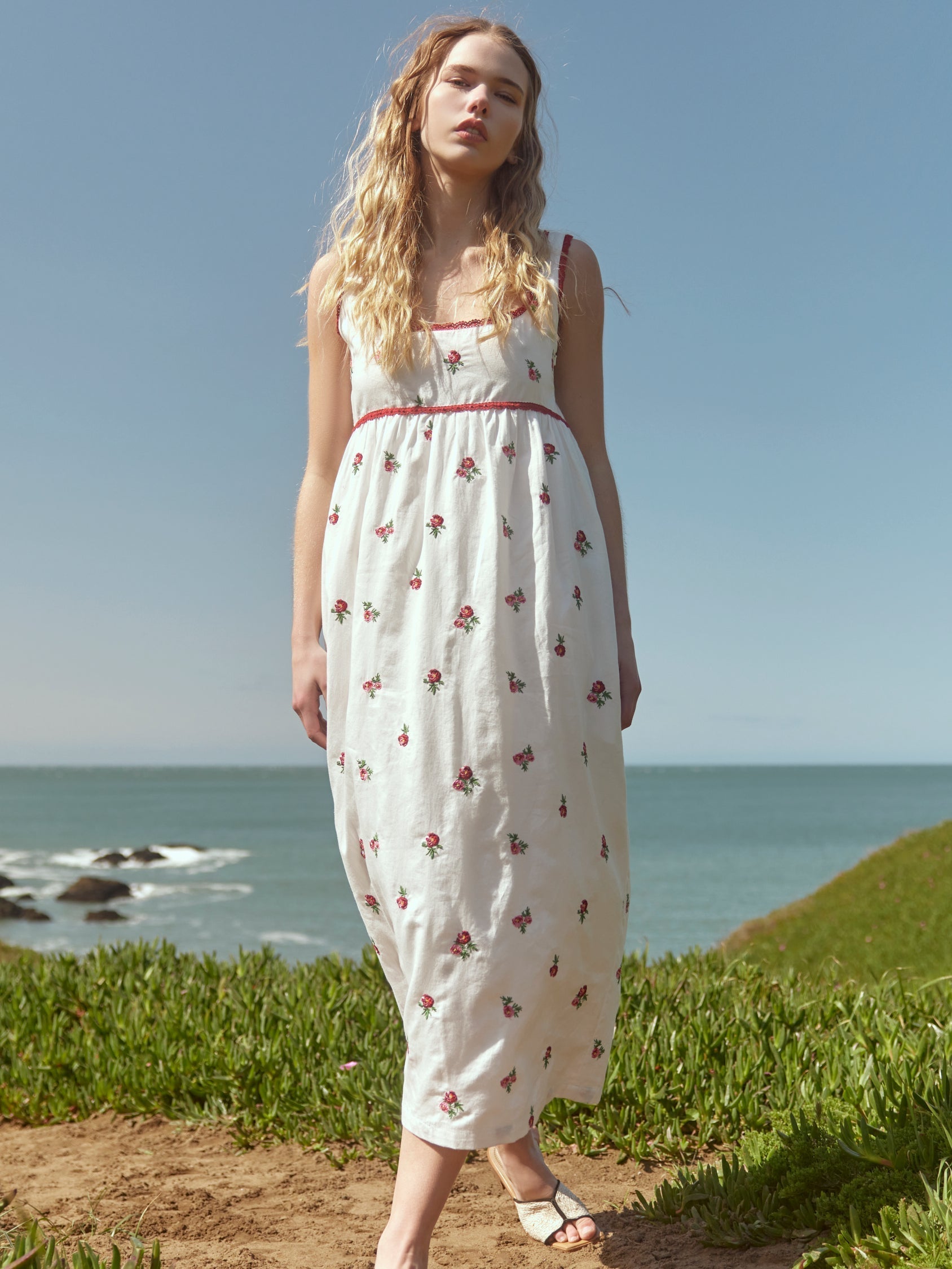 Emily Embroidered Midi Dress - Sugar/Salsa Ditsy Floral Embroidery
