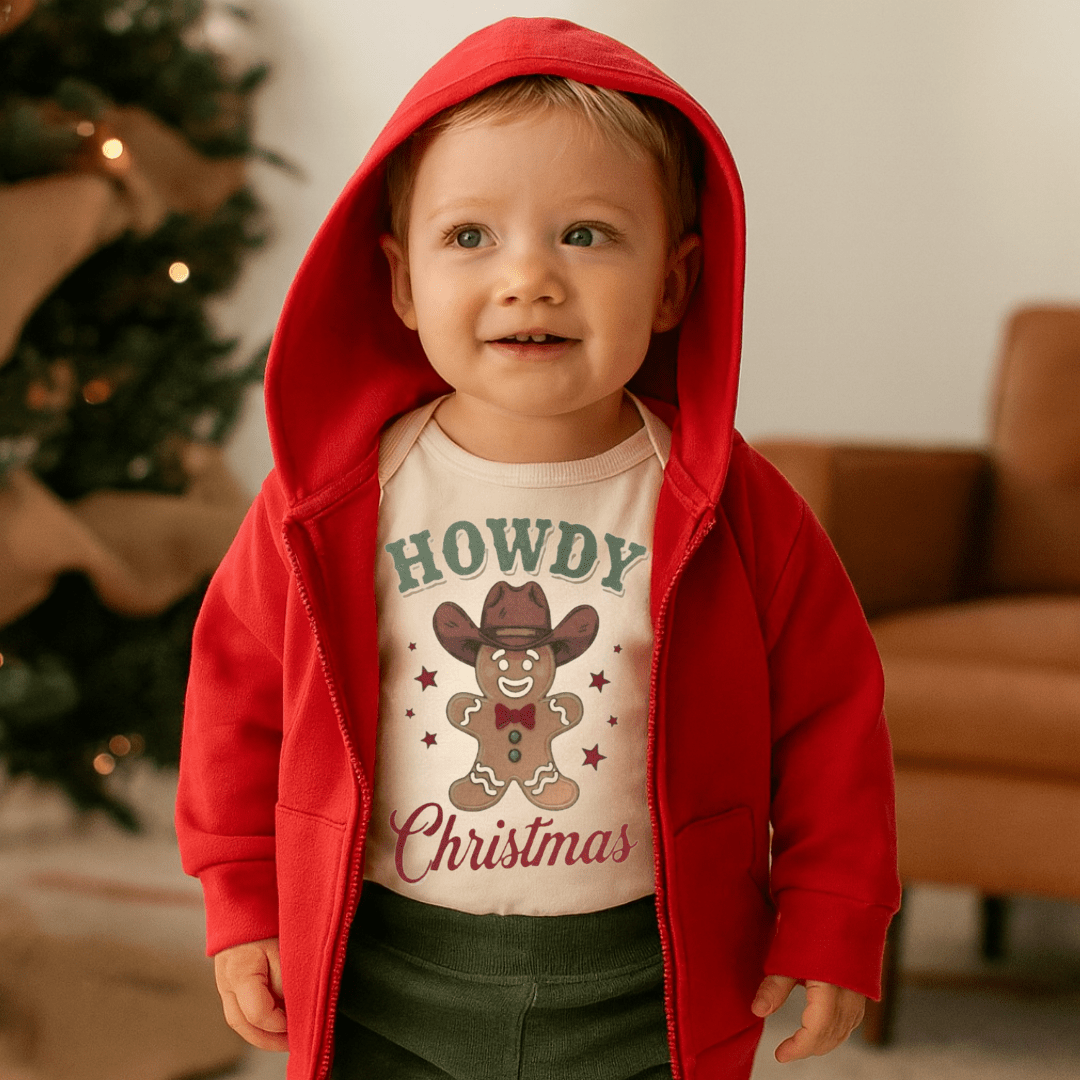 long sleeve graphic bodysuit | howdy gingerbread christmas
