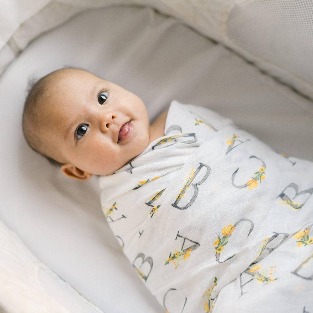 Floral Alphabet Single Oh So Soft Muslin Swaddle Blanket Swaddle Blanket Bebe au Lait