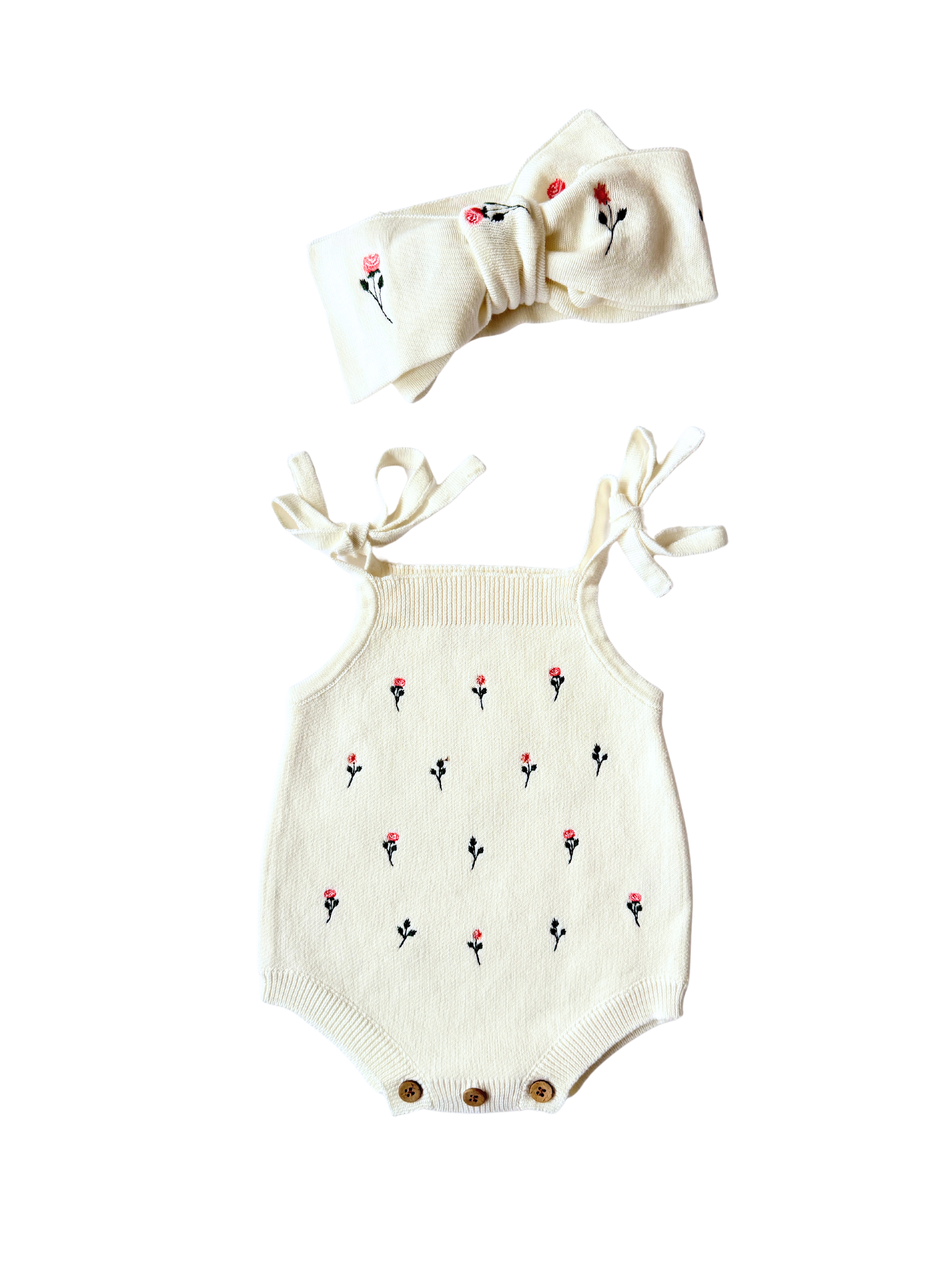 Floral Embroidery Romper + Bow - White