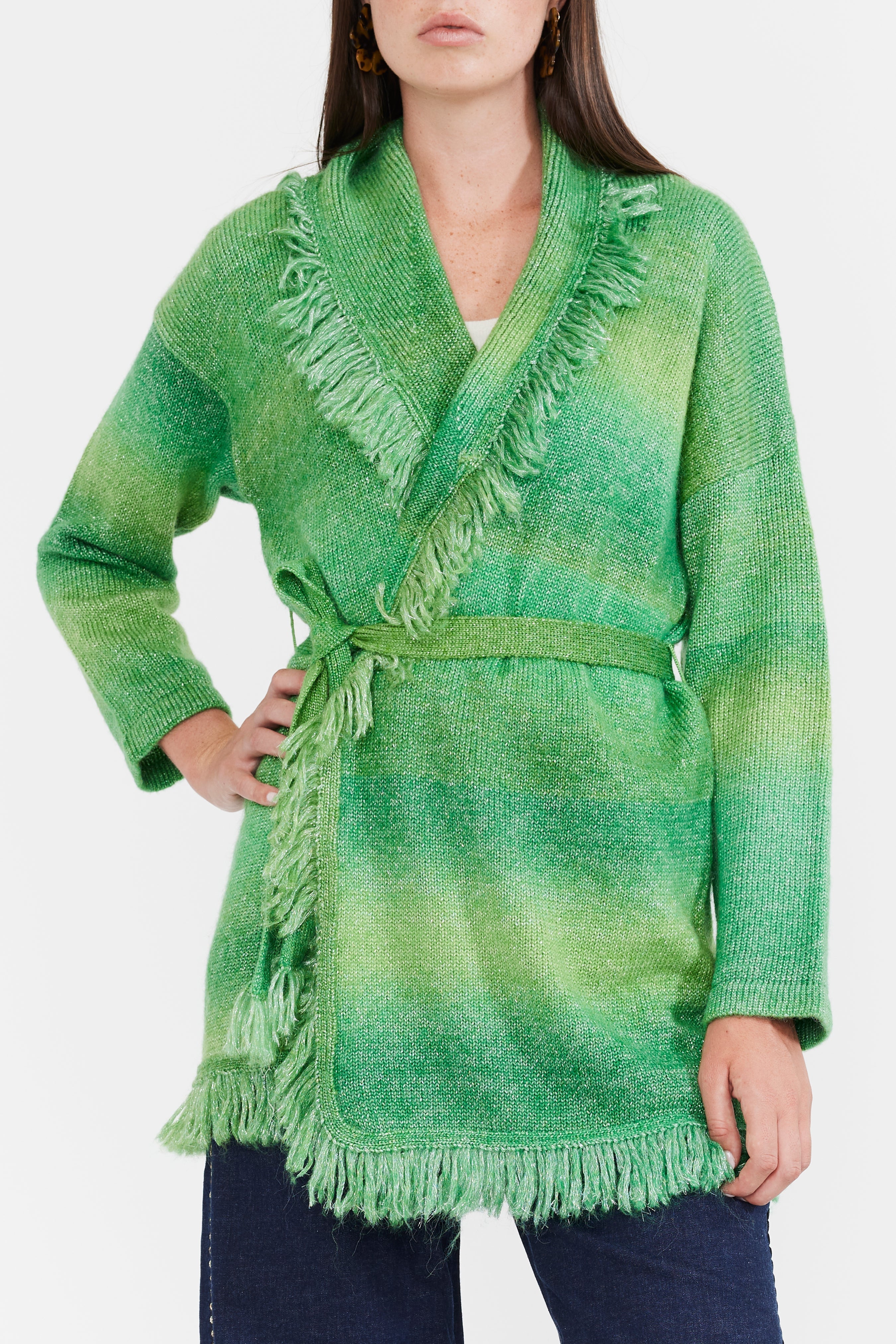 Tatiana Fringe Wrap Cardigan - Green Shimmer