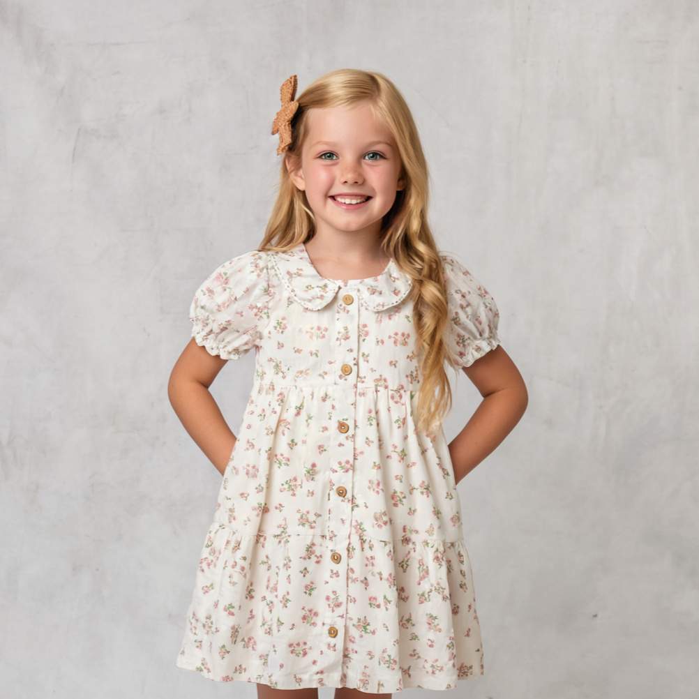 Organic Puff Sleeve Collar Dress - English Roses