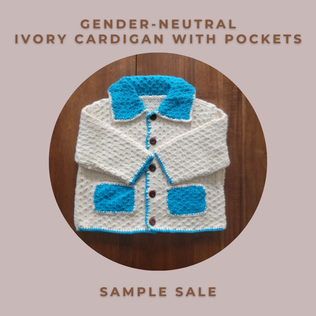 Gender-neutral Ivory & Turquoise Cardigan with Pockets