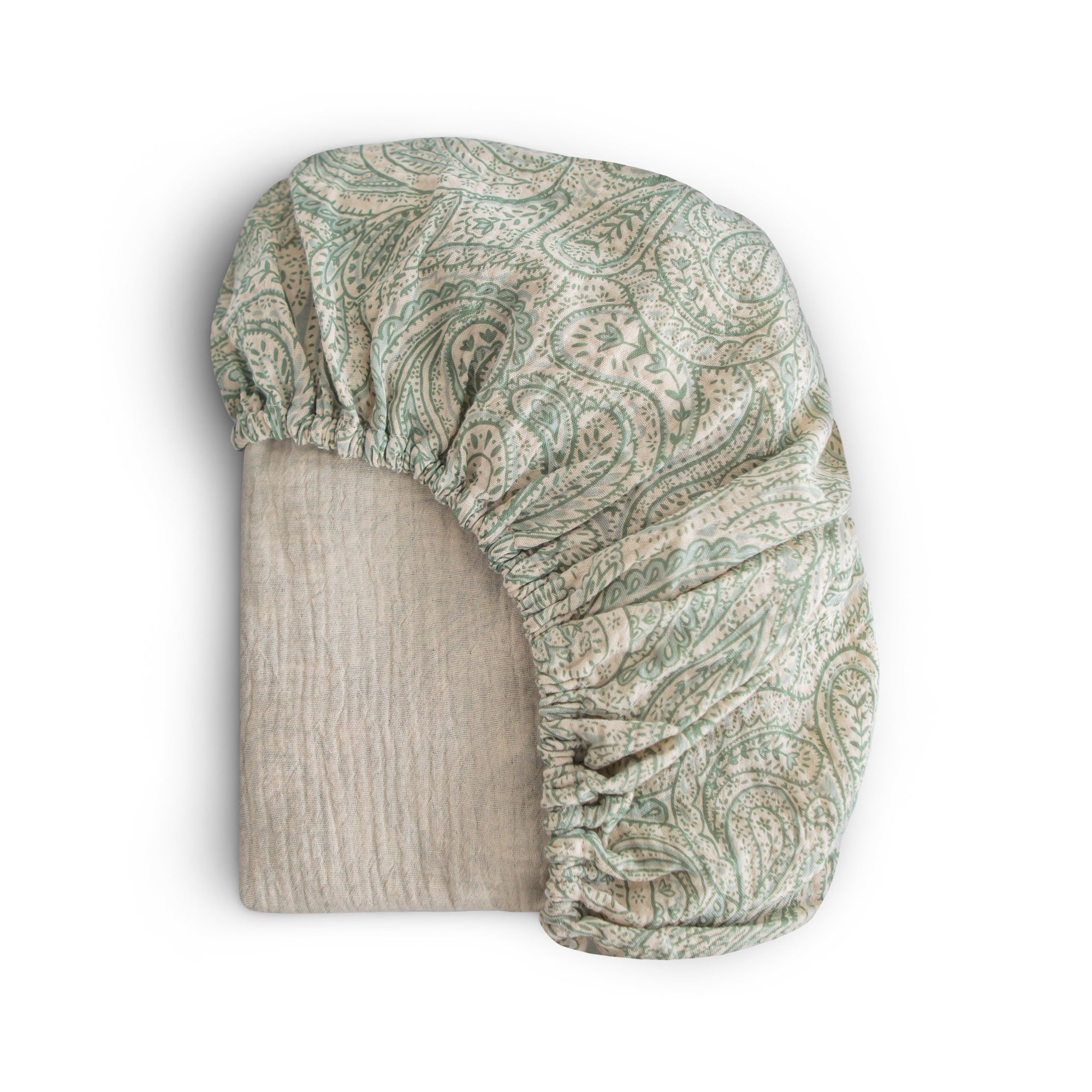 Mini Muslin Crib Sheet mini crib sheet Mushie Green Paisley