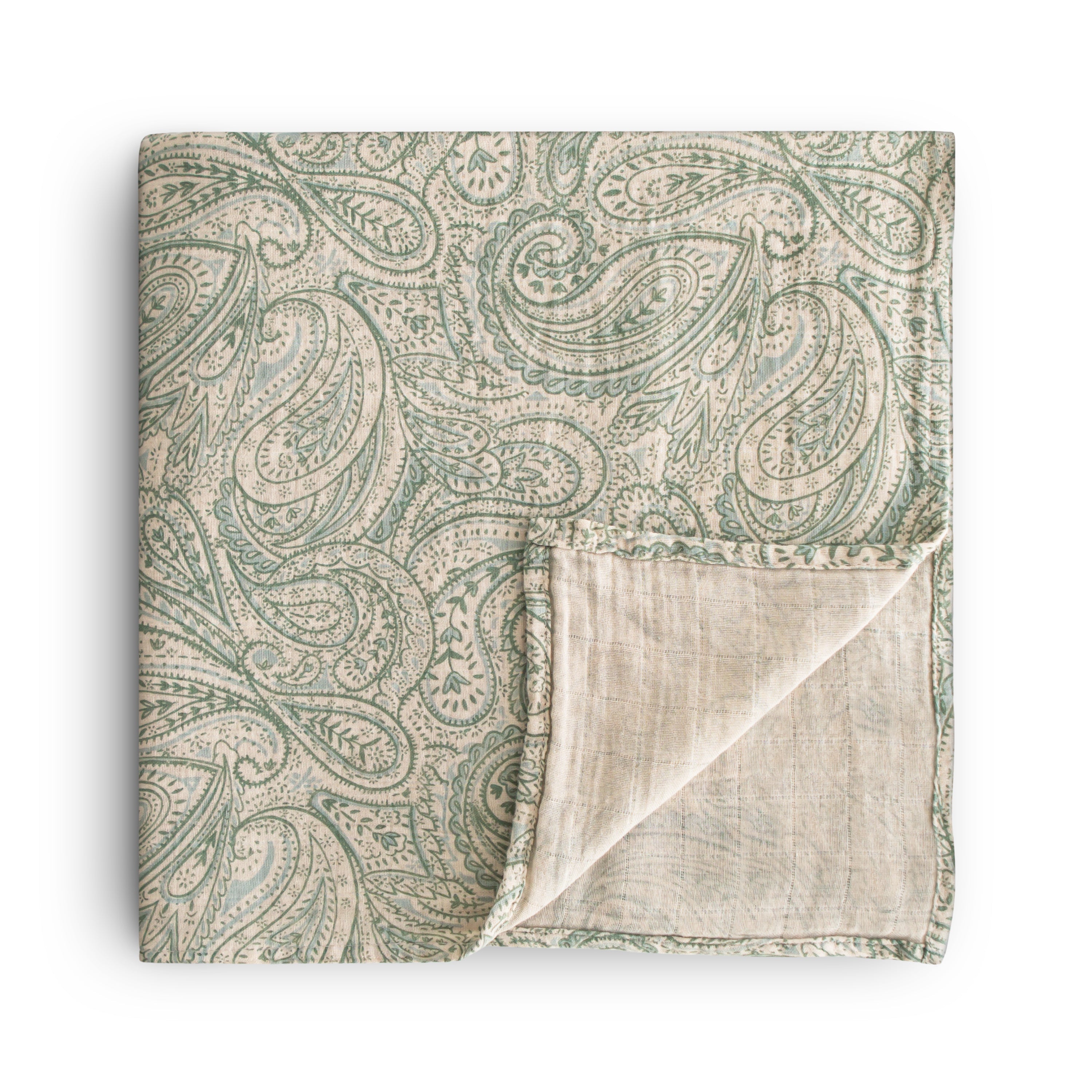 Organic Cotton Muslin Swaddle Blanket Swaddle Mushie Green Paisley