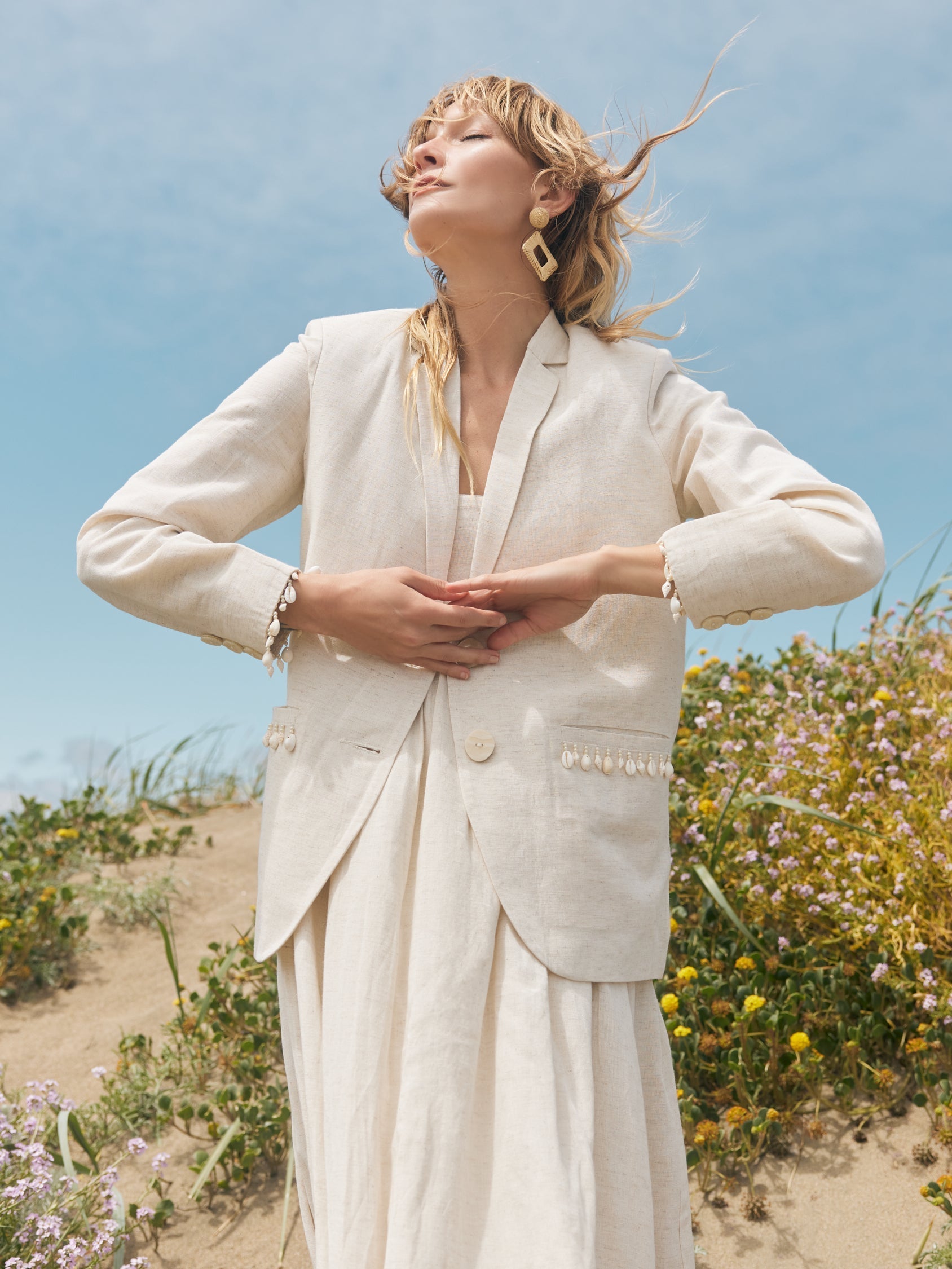 Amber Puka Beaded Fringe Blazer - Light Sand/Puka Shell Fringe