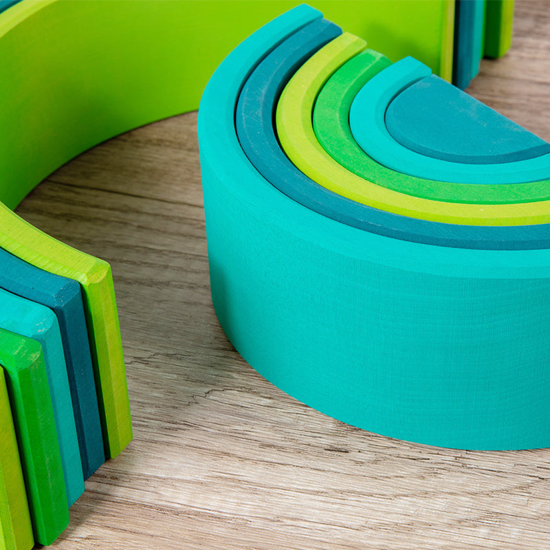 **Pre-order (Ships in 2-3 Weeks)**12-Piece Stained Large Basswood Rainbow Stacking Blocks | Meadow Green & Forest Green