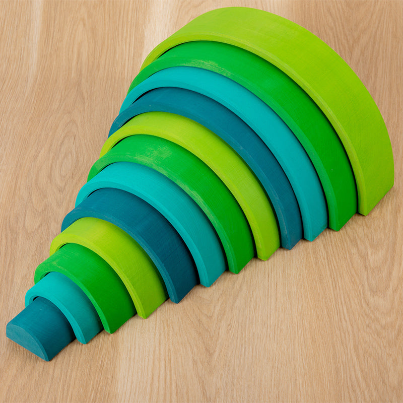 **Pre-order (Ships in 2-3 Weeks)**12-Piece Stained Large Basswood Rainbow Stacking Blocks | Meadow Green & Forest Green