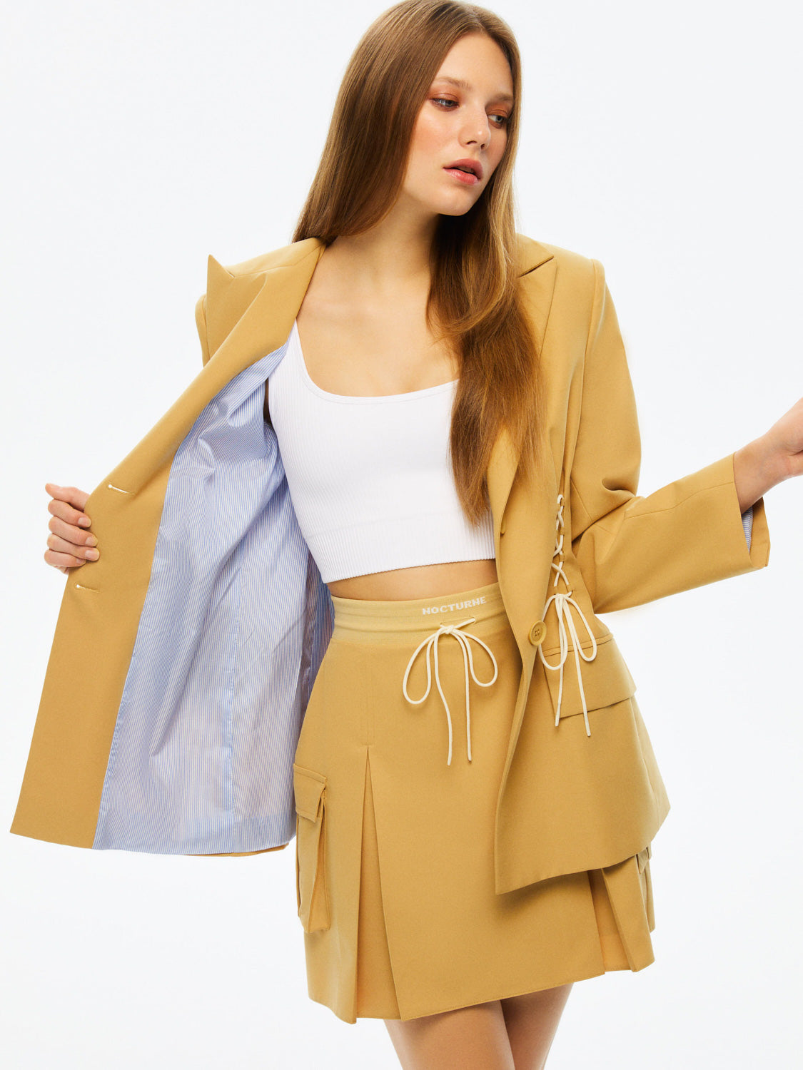 High-Waisted Ribbed Mini Skirt - Camel