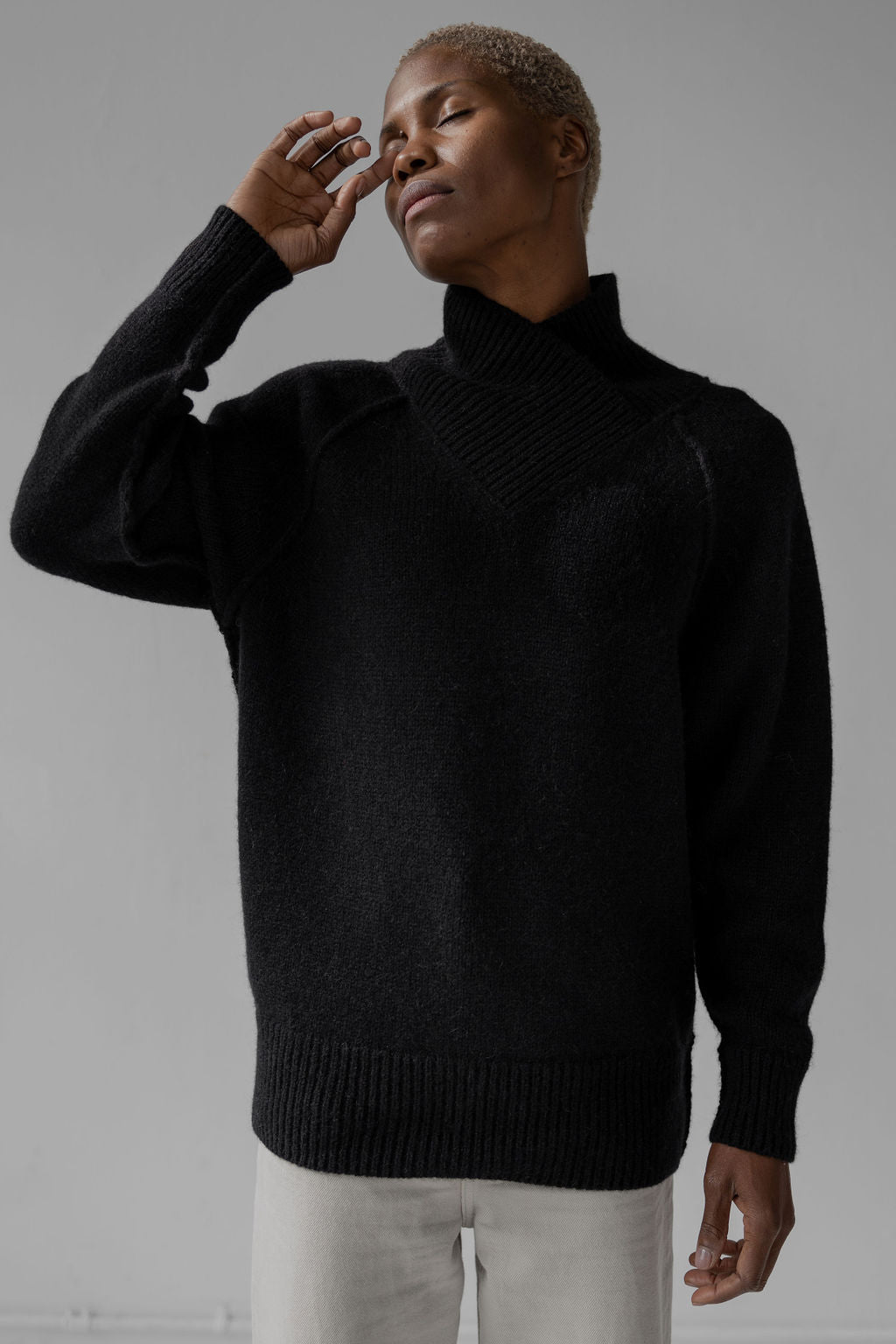 Wrap Collar Baby Alpaca Pullover - Black