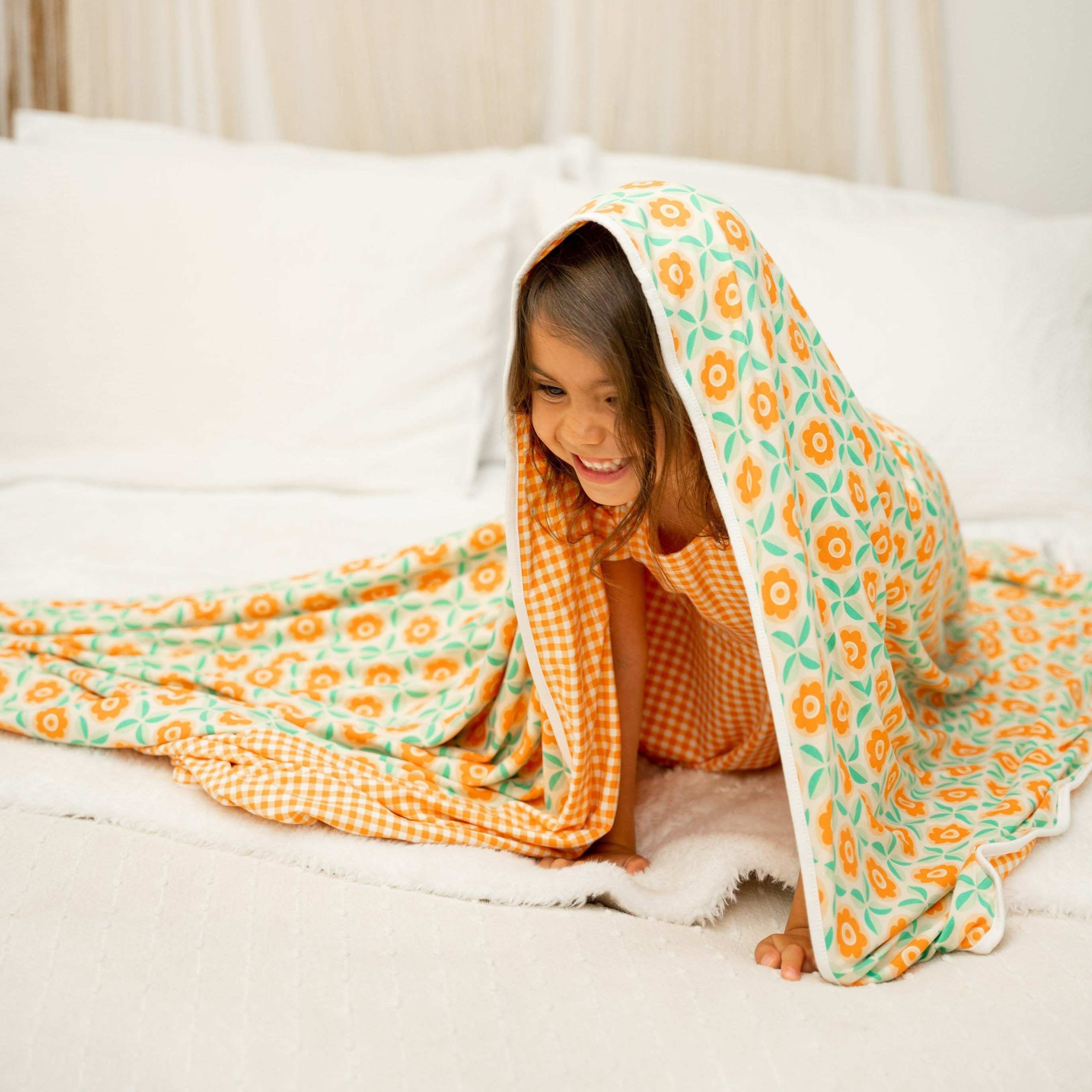 Big Kid Blanket - Geo Flower Peach/Gingham Orange