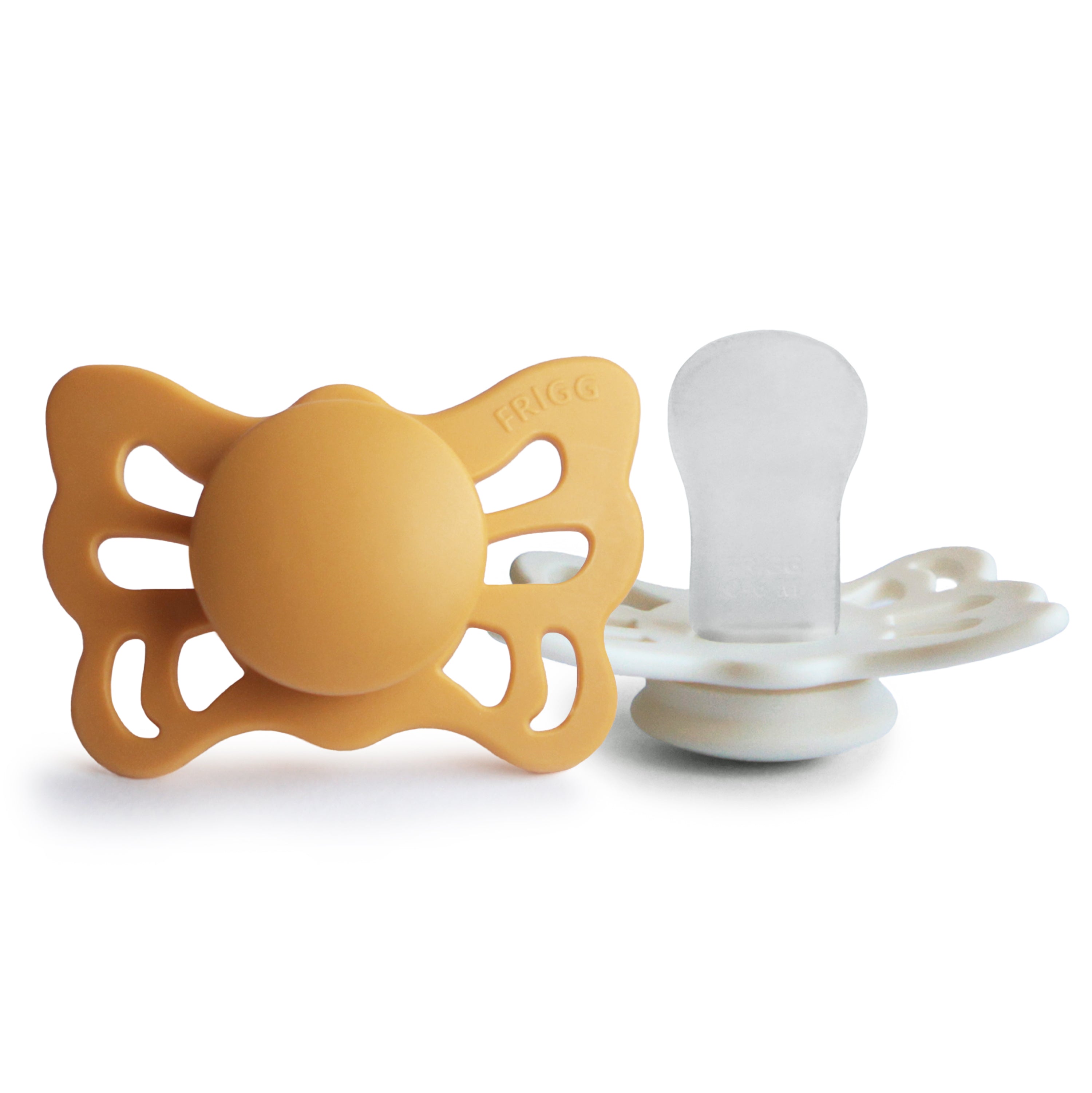 FRIGG Butterfly Anatomical Silicone Pacifier 2-Pack (0-6 Months) FRIGG PACIFIERS Mushie Honey Gold/Cream