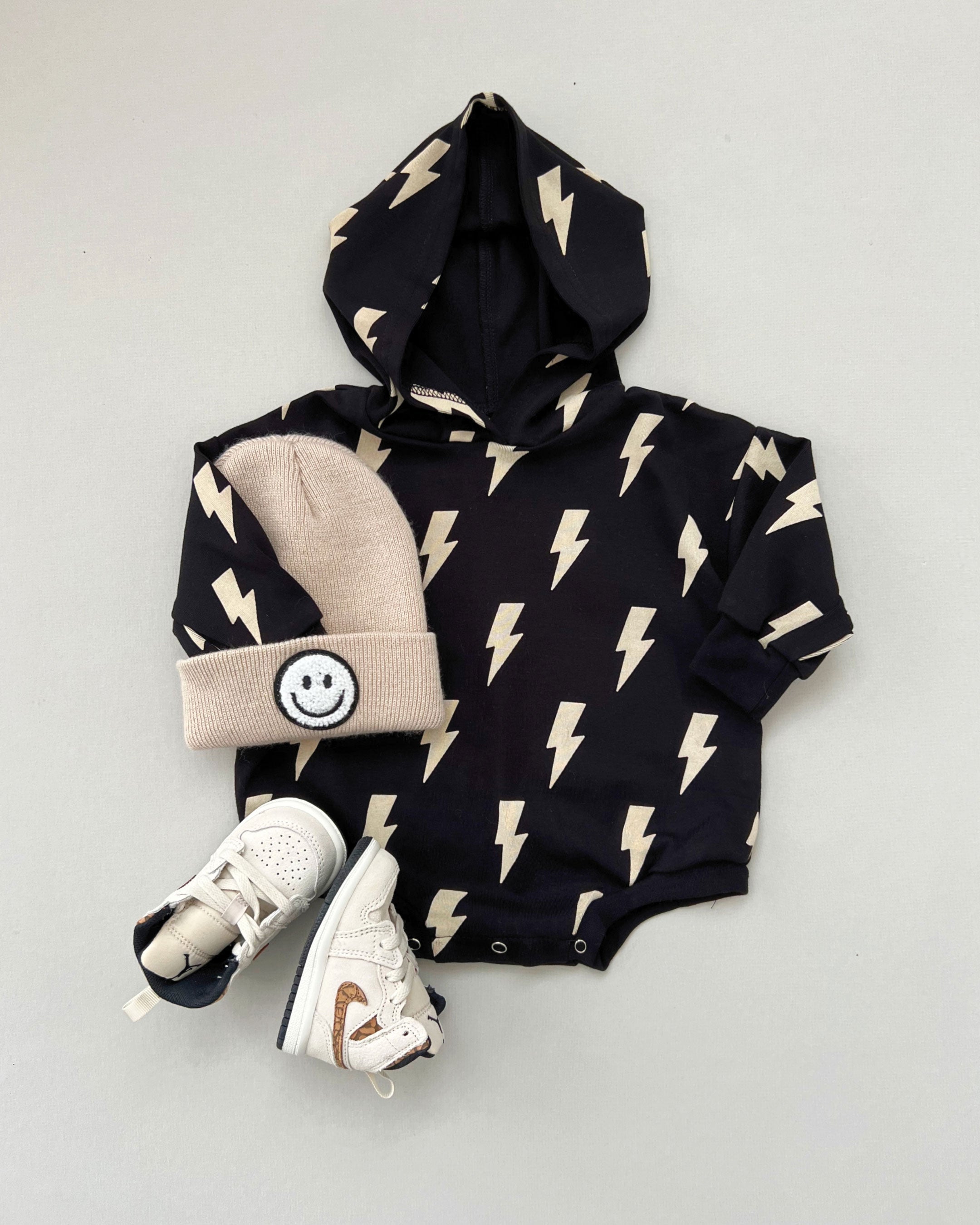 Hooded Bubble Romper | Black Bolts