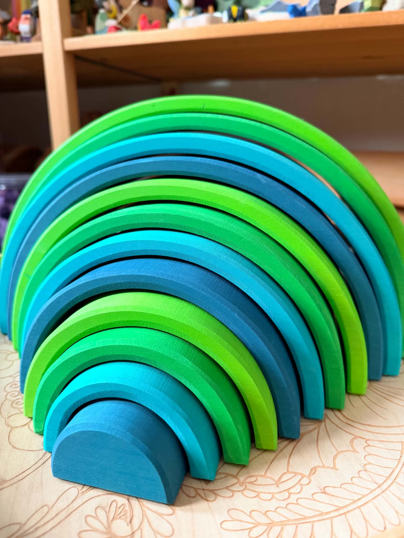 **Pre-order (Ships in 2-3 Weeks)**12-Piece Stained Large Basswood Rainbow Stacking Blocks | Meadow Green & Forest Green