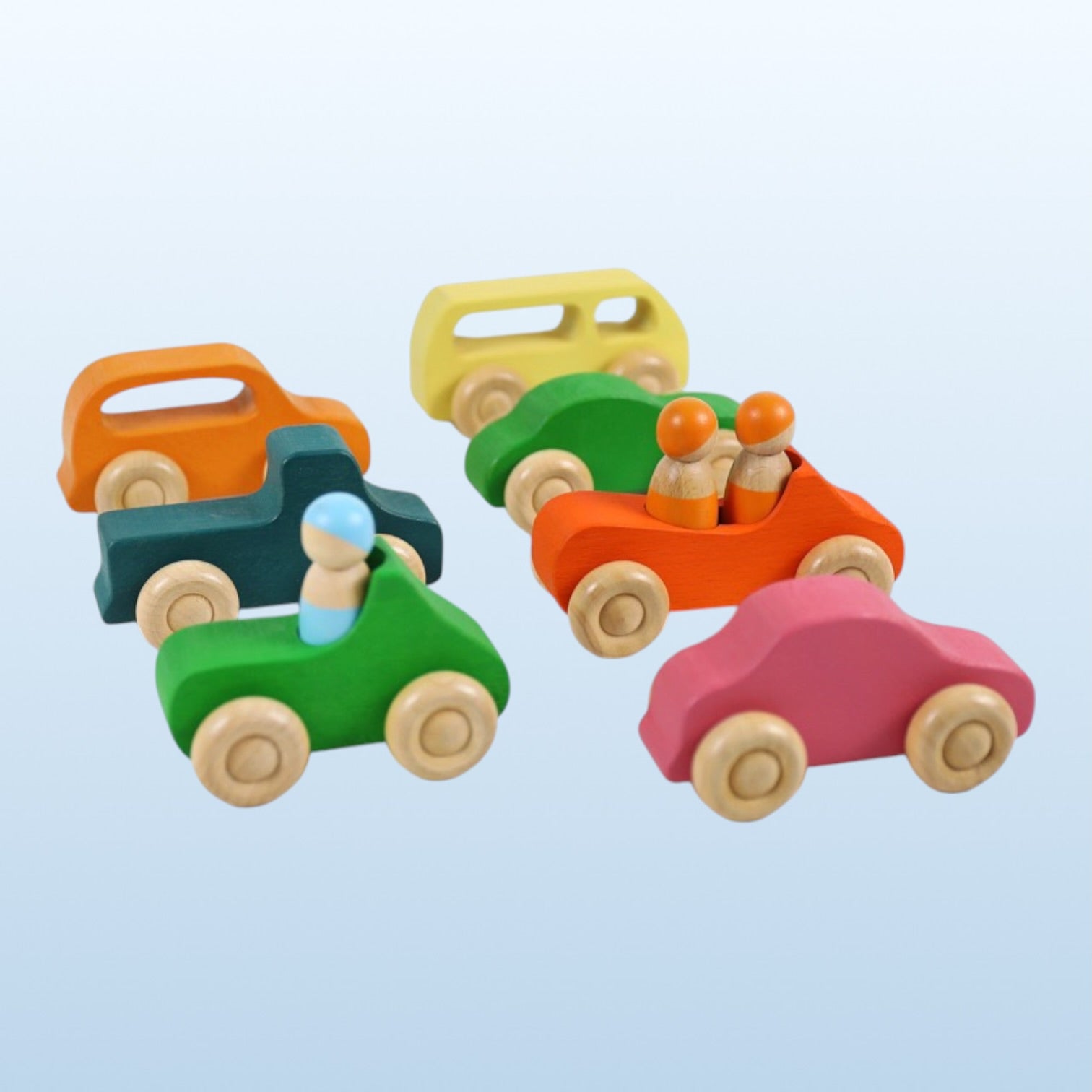 **Pre-order (Ships in 2-3 Weeks)**7-Piece Wooden Rainbow Cars Set with 3 Peg Dolls | Stained Basswood or Painted Beechwood