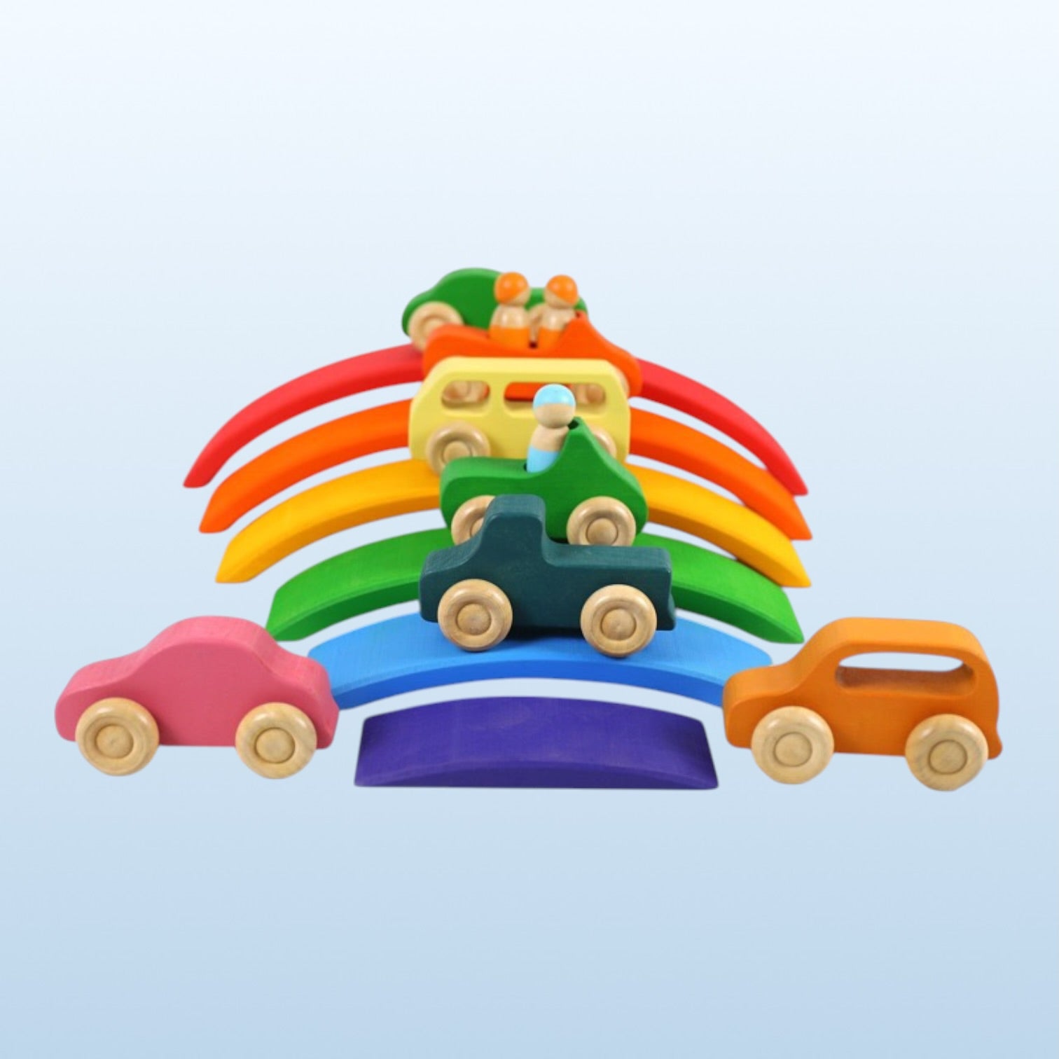 **Pre-order (Ships in 2-3 Weeks)**7-Piece Wooden Rainbow Cars Set with 3 Peg Dolls | Stained Basswood or Painted Beechwood