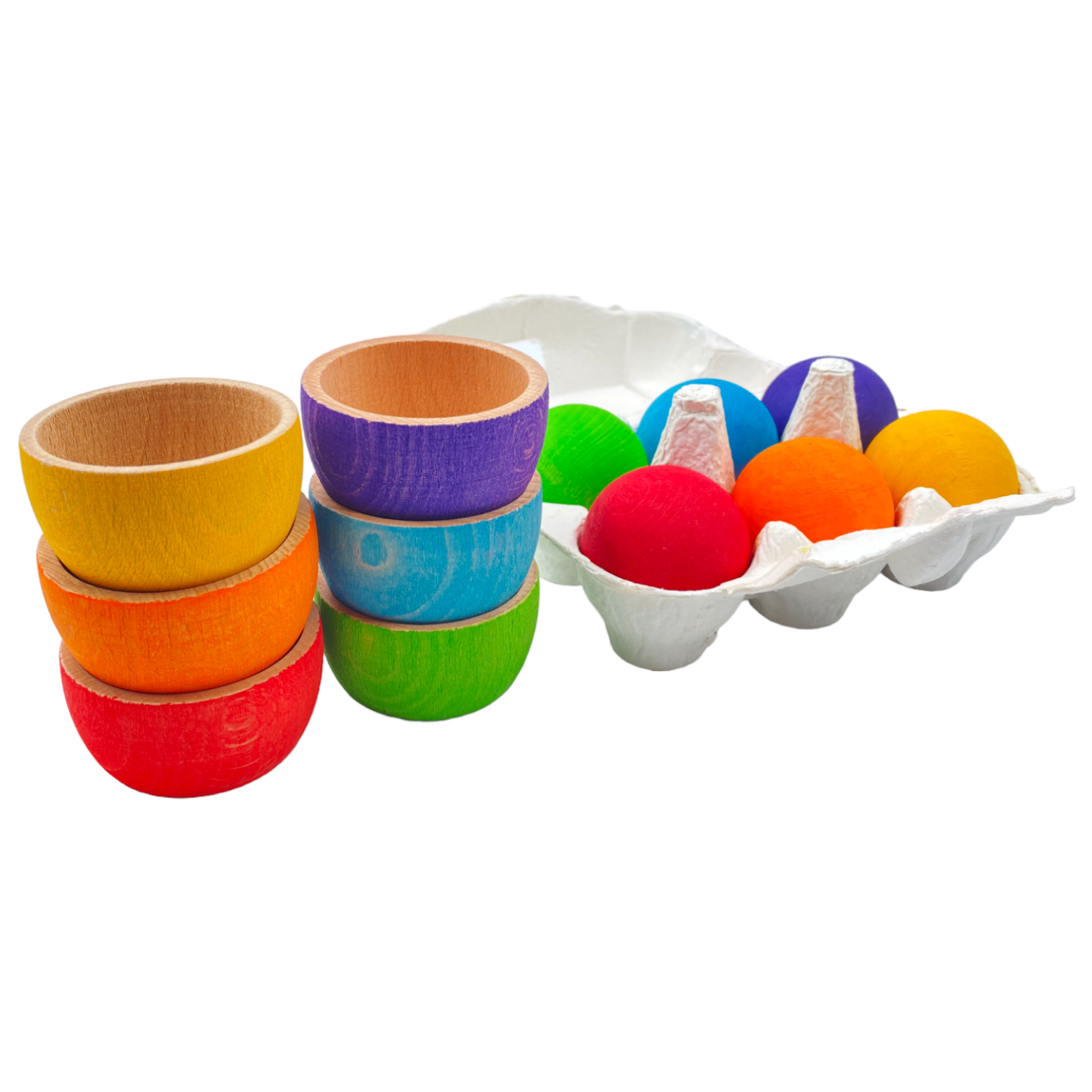 **Pre-order (Ships in 2-3 Weeks)**6-Piece Rainbow Wooden Bowls & Balls Set – Matching, Sorting & Open-Ended Play