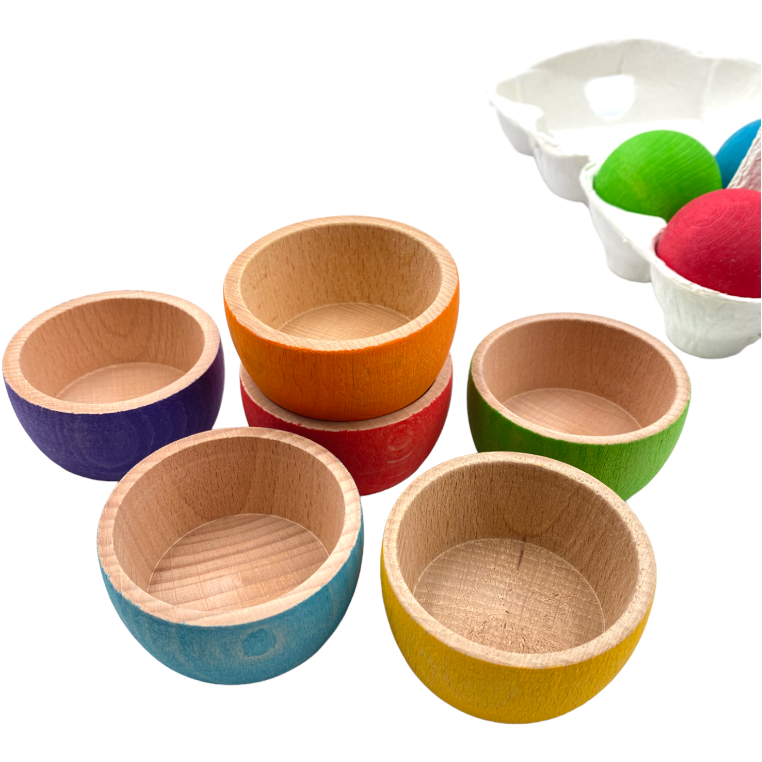 **Pre-order (Ships in 2-3 Weeks)**6-Piece Rainbow Wooden Bowls & Balls Set – Matching, Sorting & Open-Ended Play