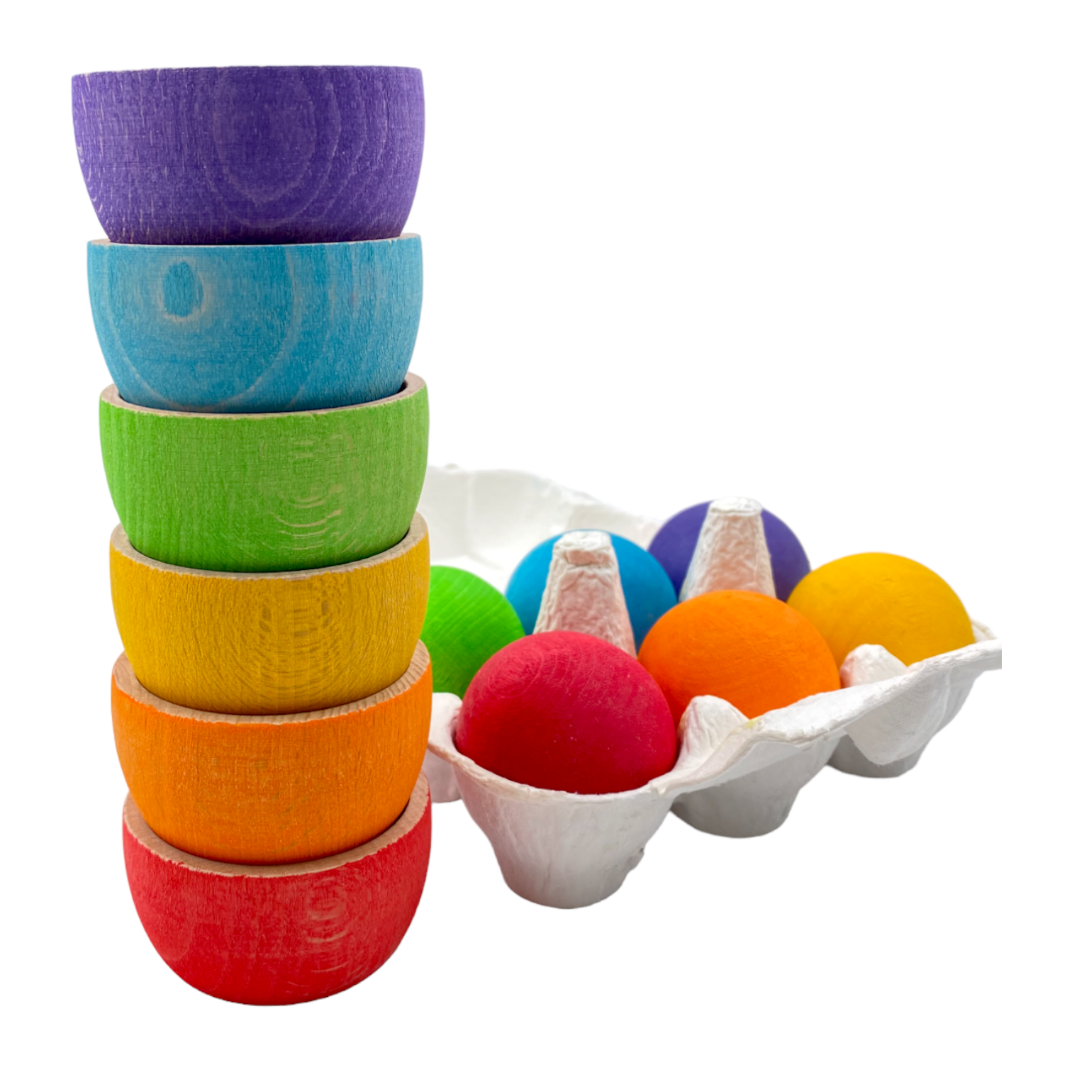 **Pre-order (Ships in 2-3 Weeks)**6-Piece Rainbow Wooden Bowls & Balls Set – Matching, Sorting & Open-Ended Play