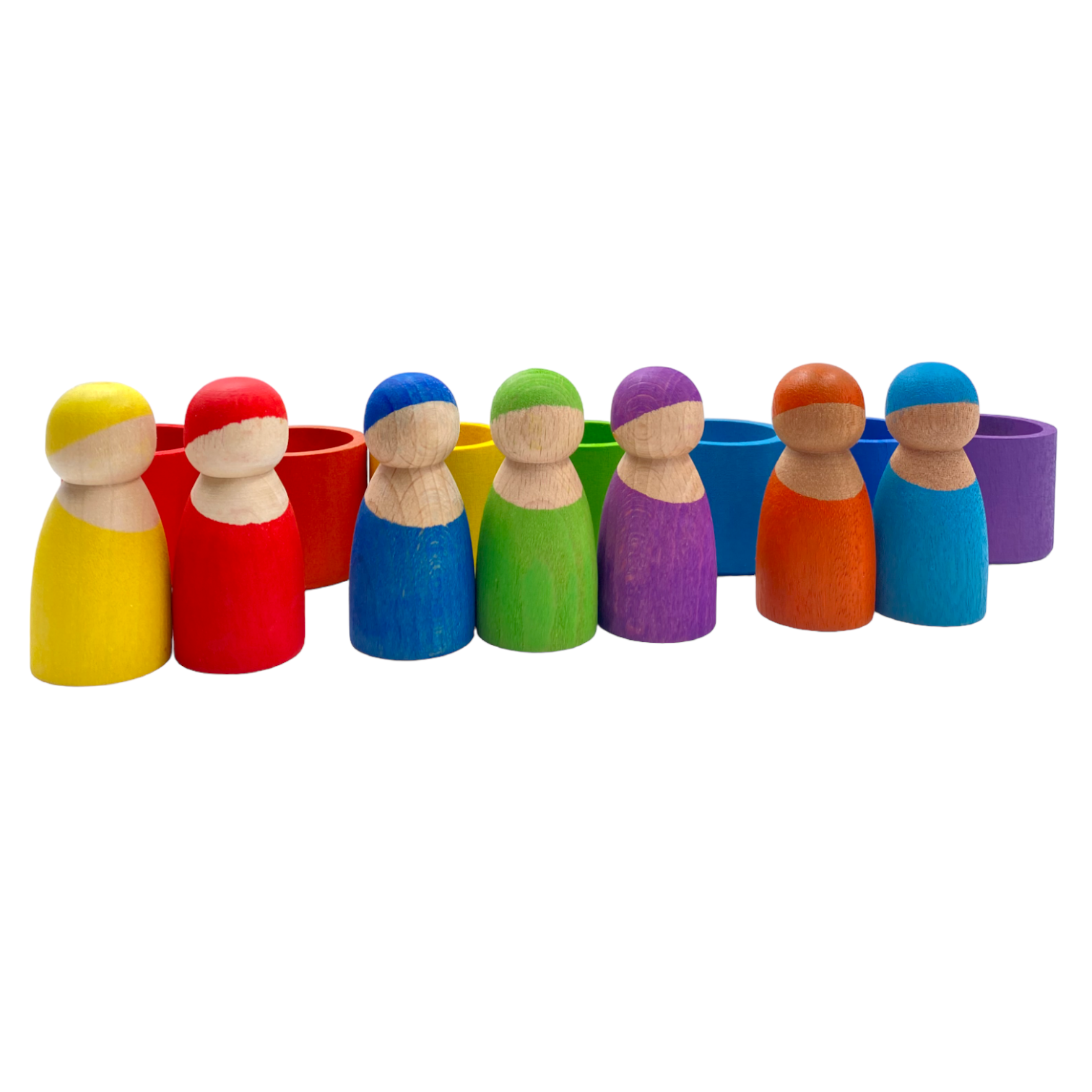 **Pre-order (Ships in 1-2 Weeks)**7-Piece “Skin Stones” Stained Rainbow Wooden Peg Dolls in Matching Bowls