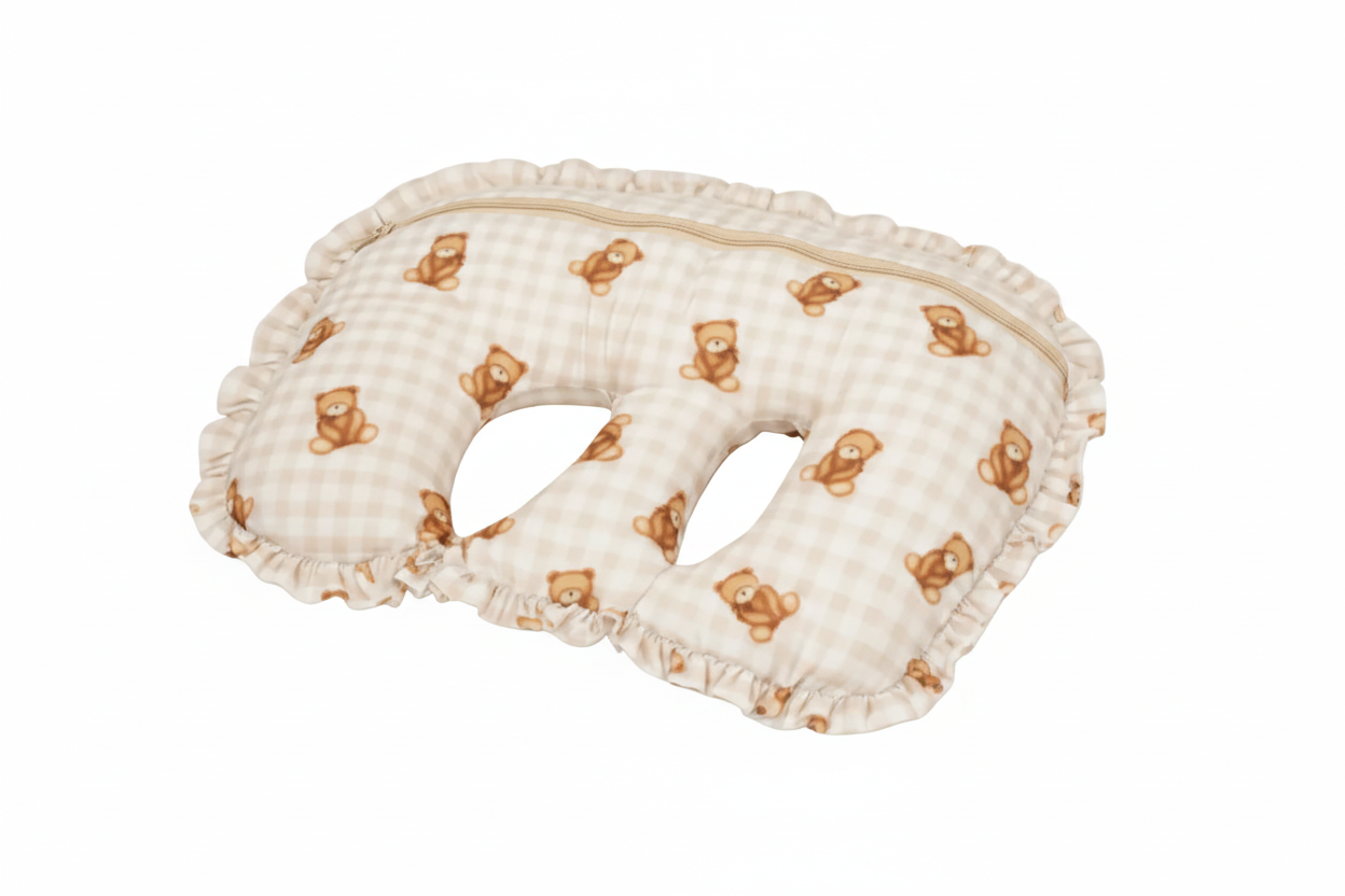 Beige Ruffle Gingham Teddy Twins Nursing Pillow Cover