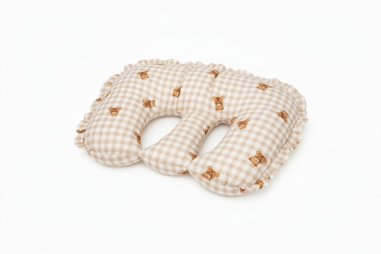 Beige Ruffle Gingham Teddy Twins Nursing Pillow Cover