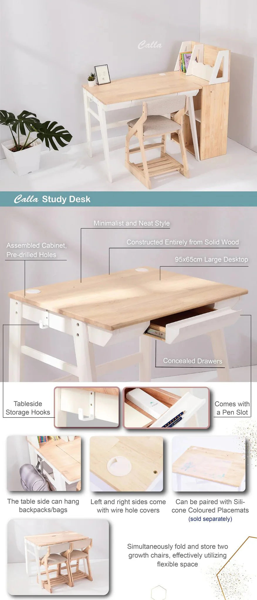Calla Solid Wood Growth Desk - Flat-Storage Drawer - Natural Color