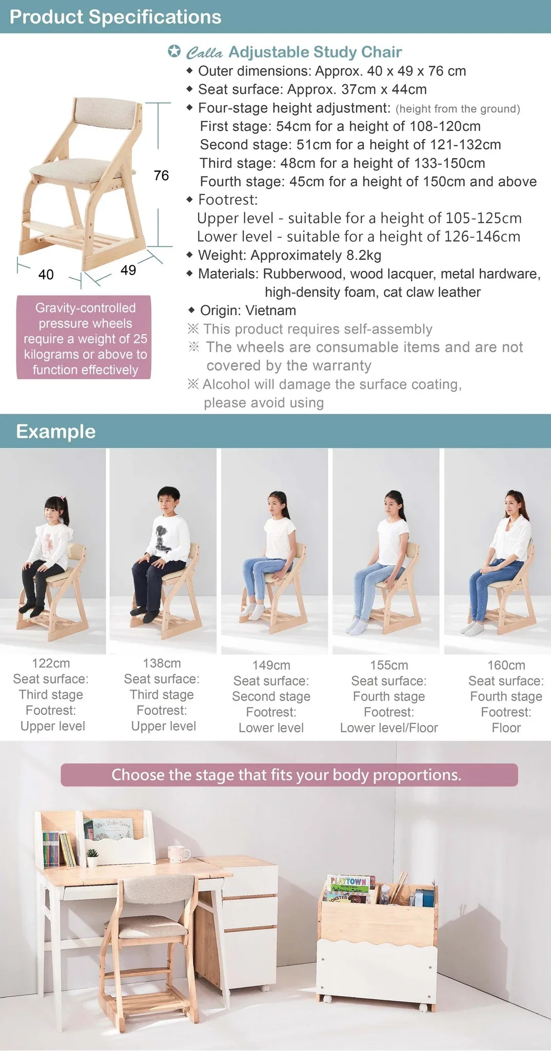 Calla Adjustable Chair - Easy-Clean Fabric, 4 Heights