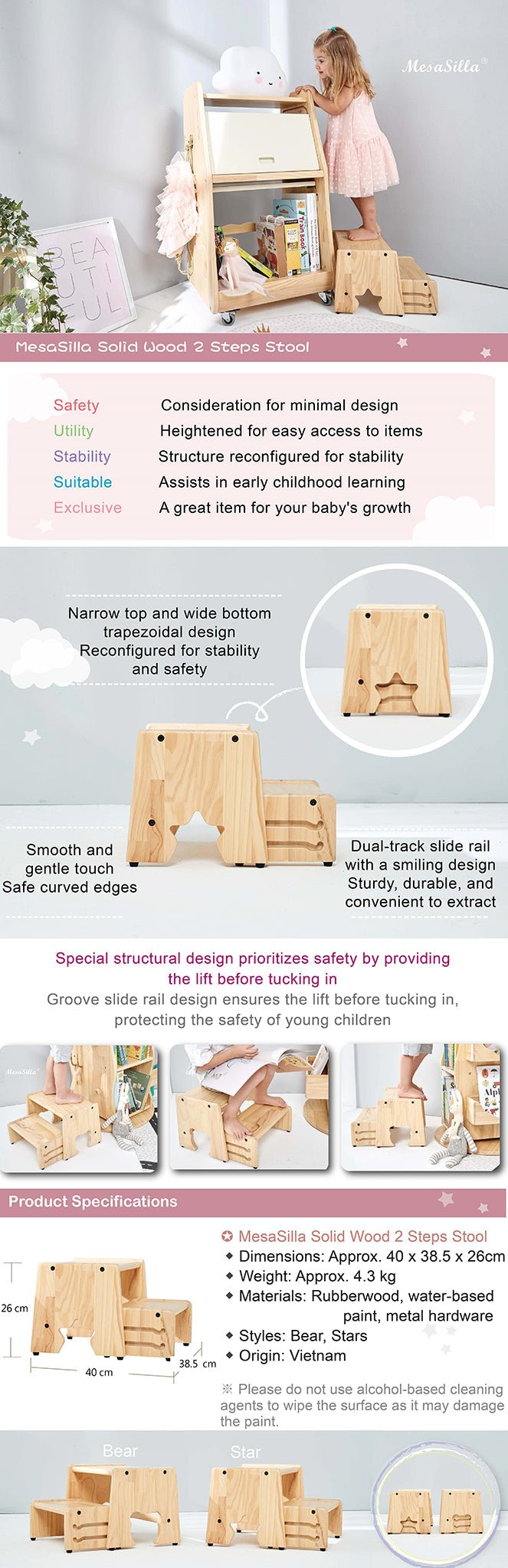 Mesasilla 2 Step Stool - Lightweight & Sturdy with Anti-Slip, Animal-Shaped Cutouts - Solid Wood