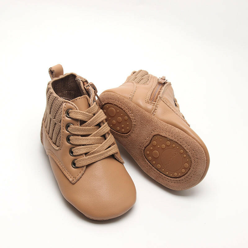 Leather Knit Combat Boot | Color 'Tan' Consciously Baby 2 (Soft Sole)