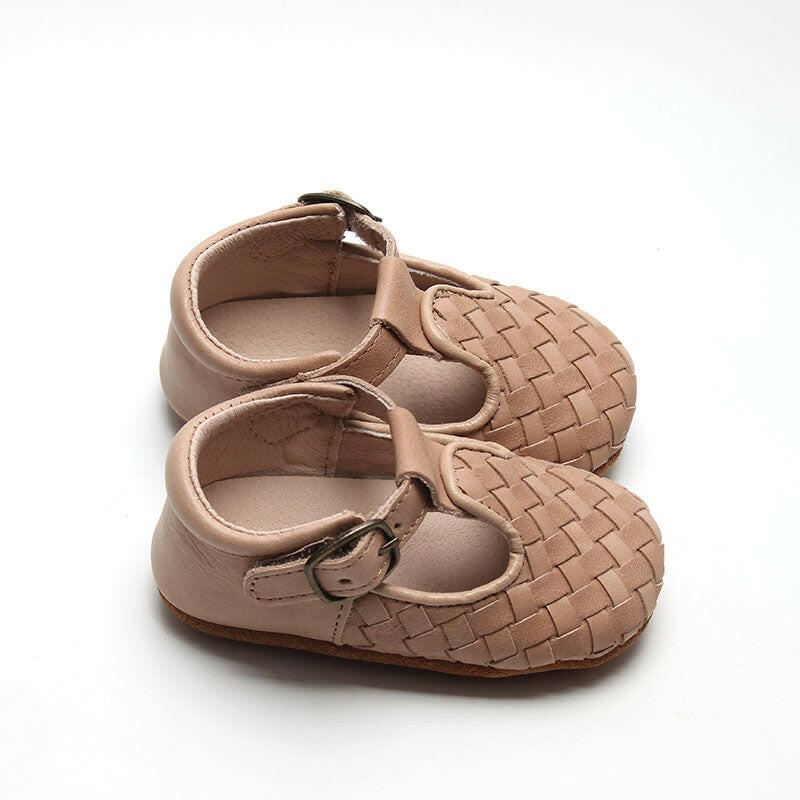 Leather Woven T-Bar | Color 'Stone' | Soft Sole Consciously Baby