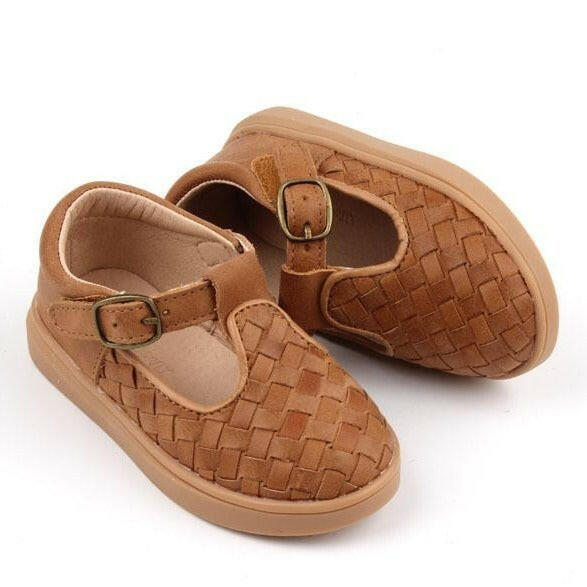 Leather Woven T-Bar | Color 'Walnut' | Hard Sole  Consciously Baby 5 (12 - 18 months)