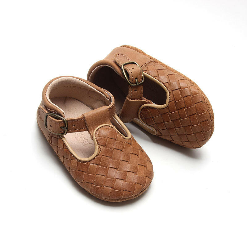 Leather Woven T-Bar | Color 'Walnut' | Soft Sole  Consciously Baby