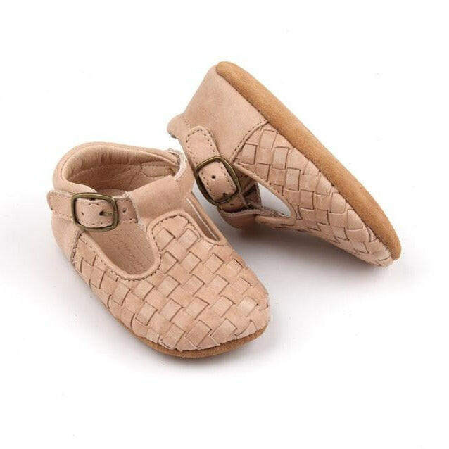 Leather Woven T-Bar | Color 'Stone' | Soft Sole Consciously Baby 2 (3 - 6 months)