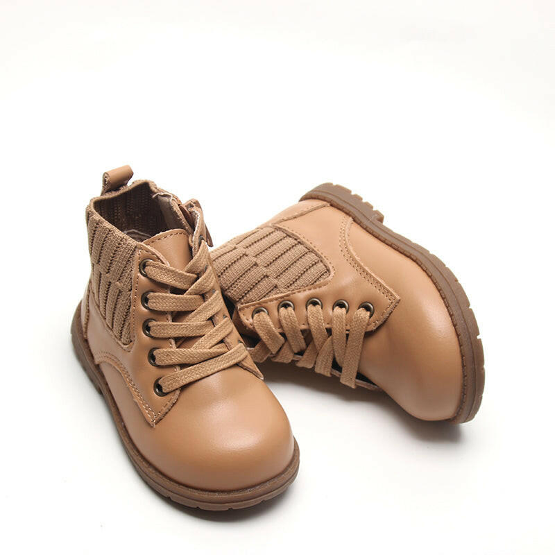 Leather Knit Combat Boot | Color 'Tan'  Consciously Baby 5 (Hard Sole)