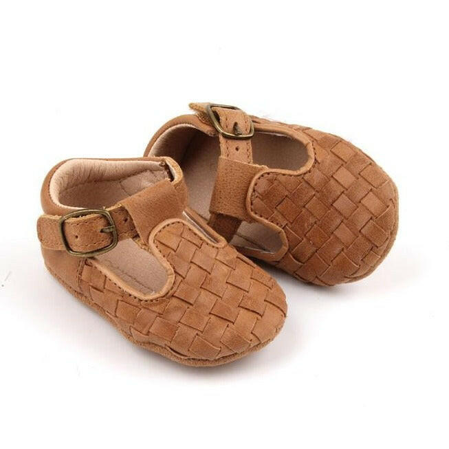 Leather Woven T-Bar | Color 'Walnut' | Soft Sole  Consciously Baby 2 (3 - 6 months)
